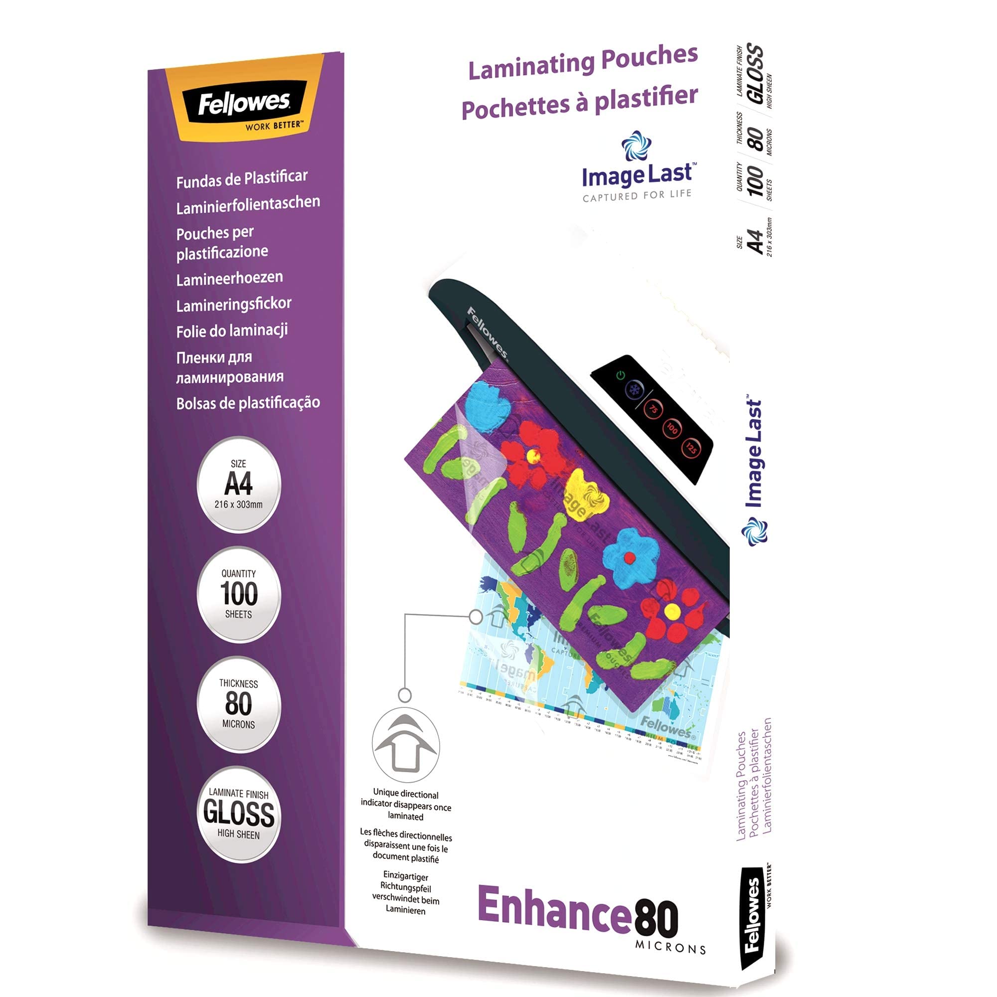 Fellowes Plastificatrice Saturn 3i A3, 80-125 Micron, Con Pouches Lucide Enhance80 A3 e A4, 210 Pezzi Totali