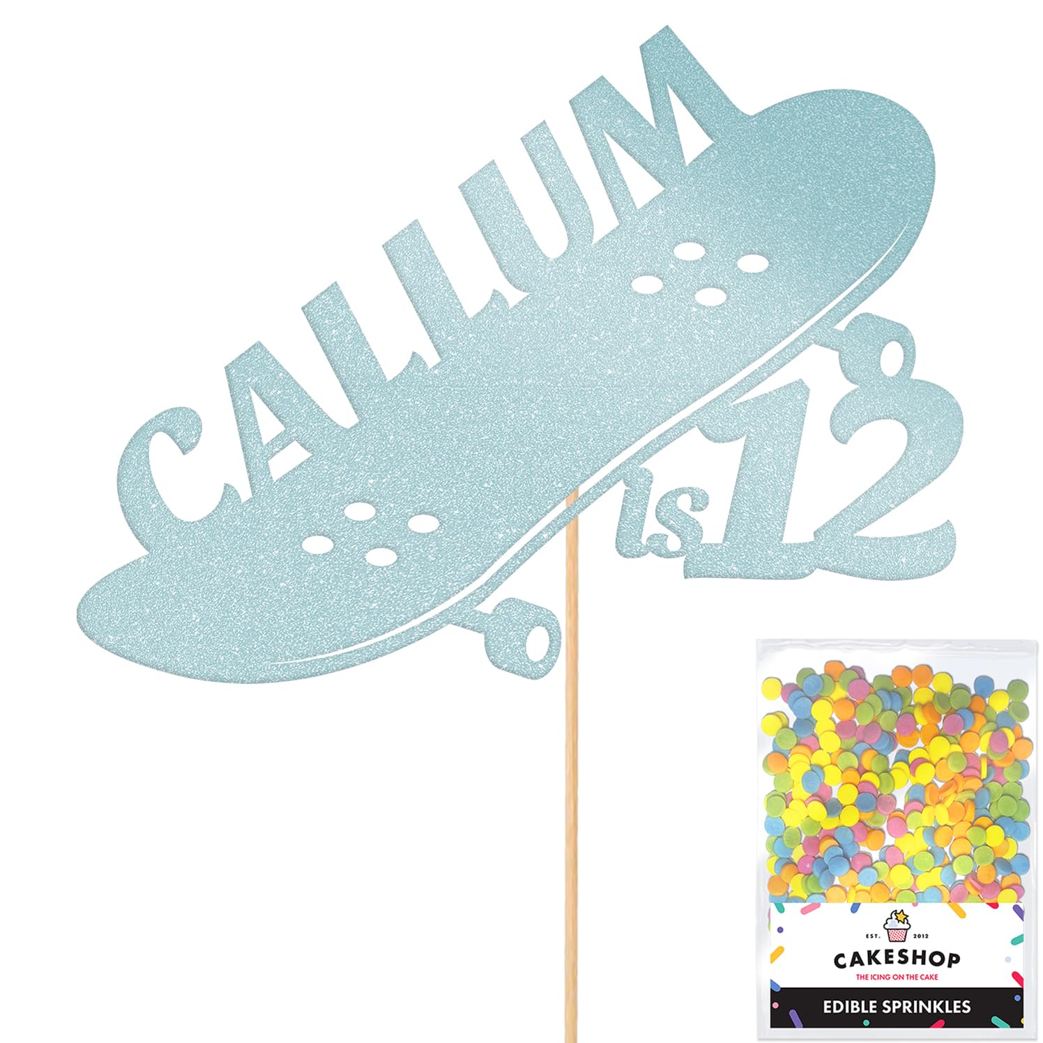 Personalised Skateboard Skater Glitter Cake Topper- Light Blue Any Custom Age & Name Glitter Cake Decoration and Sprinkles - Happy Birthday Decorations - Personalised Toppers for Cakes by Cakeshop — image 1