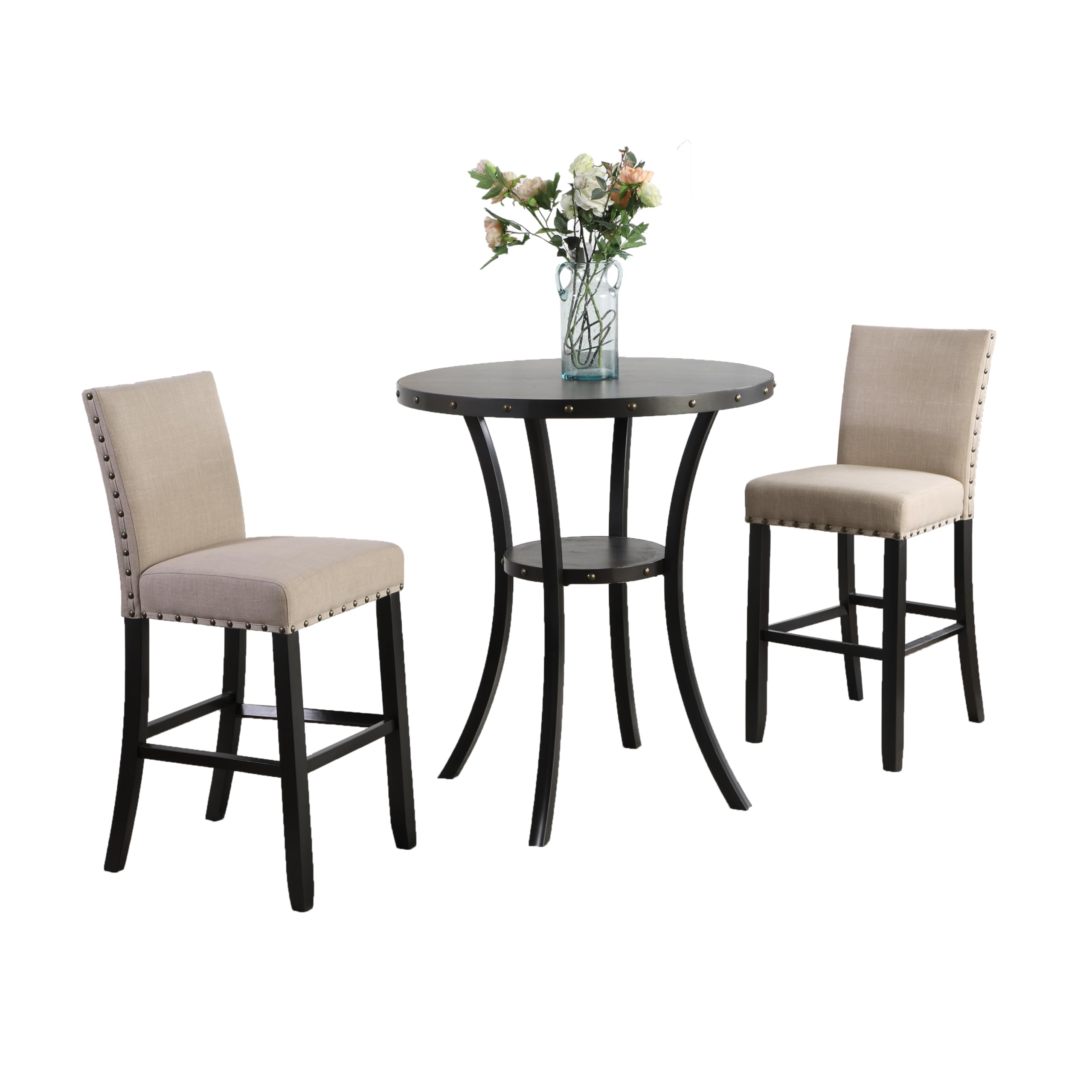 Roundhill Furniture Biony 3 Piece Set - 36 Round Espresso Bar Table with Nail Head Stools