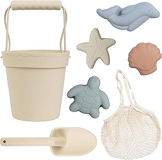 - BLUE GINKGO Silicone Beach Toys - Modern Baby Travel Friendly Beach Set | Bucket, Shovel, 4 Sand Molds, Bag | Sand Toys for Toddlers, Kids - 7pc (Beige)