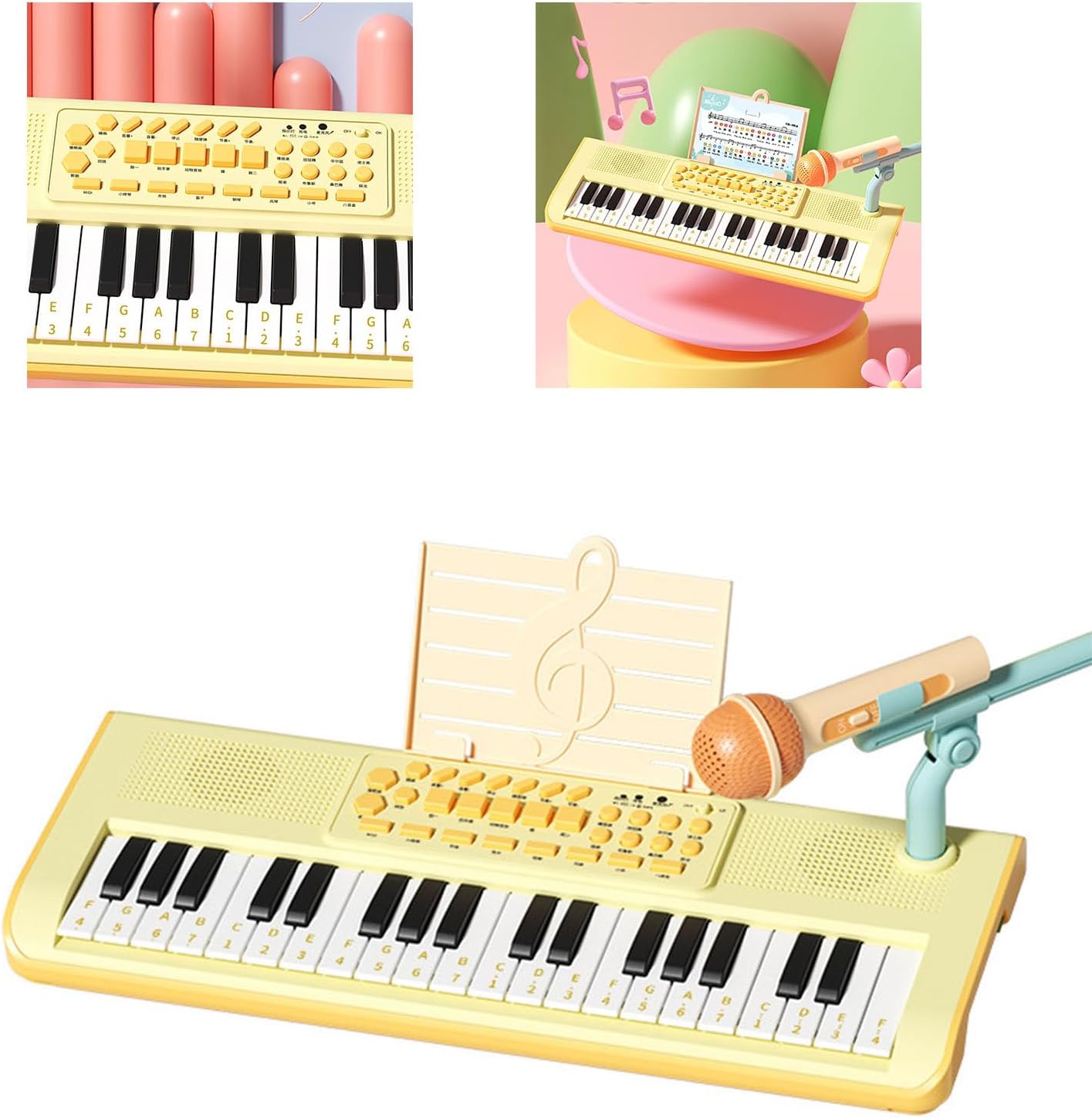 Alomejor 37 Keys Electronic Piano, Kids Electric Keyboard Toy with Microphone, Music Modes Multiple Sound Effects, for Children Over 5 Years Old (Yellow)