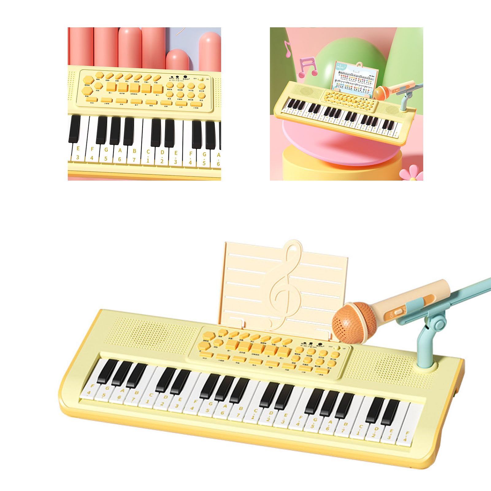 Kit de Piano Eléctrico con Micrófono para Niños, Juguete Educativo Musical de 37 Teclas, Material ABS (Amarillo)