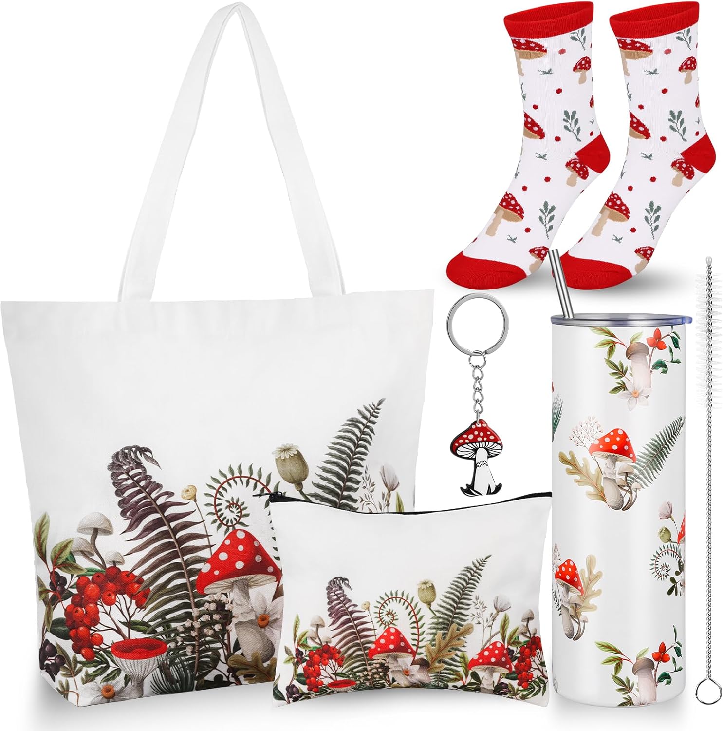 VAIPI 5 Pcs Mushroom Gifts for Women Mushroom Lover Gifts Stuff Include 20 oz Stainless Steel Insulation Tumbler Canvas Tote Bag Makeup Bag Socks Cute Keychain for Mother's Day Birthday Present