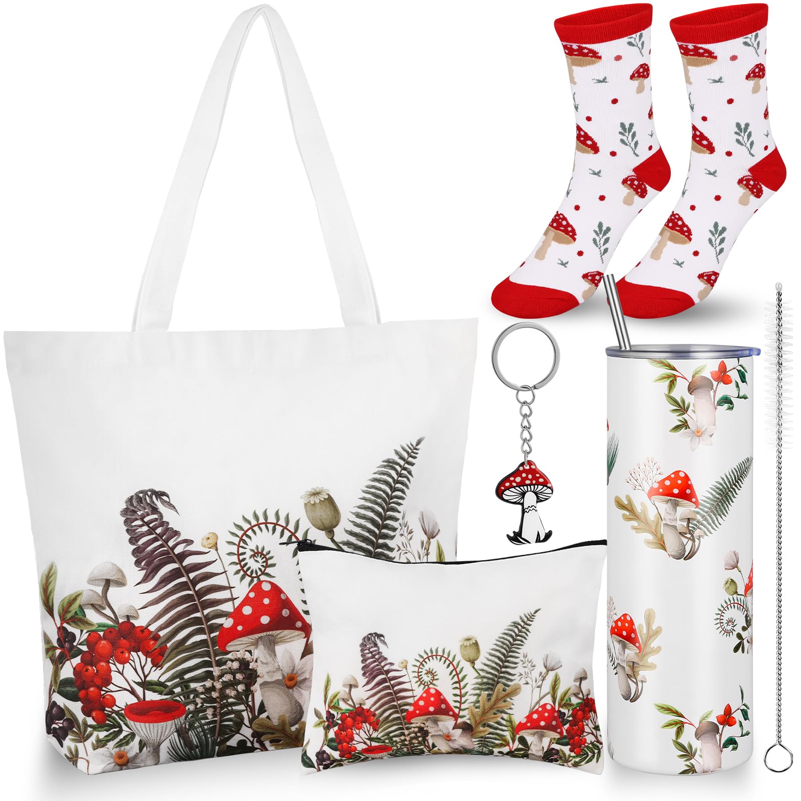 VAIPI 5 Pcs Mushroom Gifts for Women Mushroom Lover Gifts Stuff Include 20 oz Stainless Steel Insulation Tumbler Canvas Tote Bag Makeup Bag Socks Cute