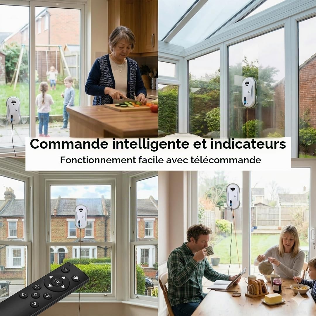 Robot nettoyeur de vitres intelligent avec aspirateur 5600Pa, robot de nettoyage automatique de vitres intelligent avec détection des bords, système de corde de sécurité et télécommande pour fenêtres