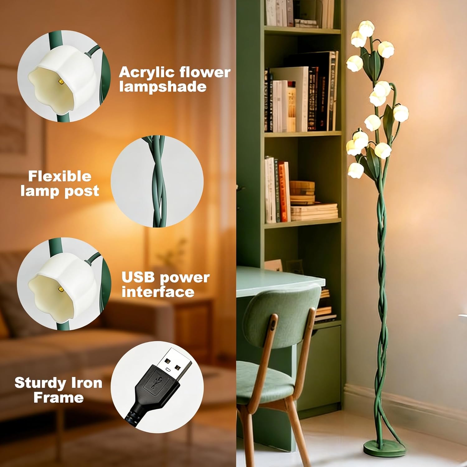 12-Light Lily of the Valley Floor Lamp, 69” Tall Decorative Standing Lamp with Flexible Gooseneck Branches, Warm LED Corner Light for Living Room, Bedroom, Reading Nook & Home Décor