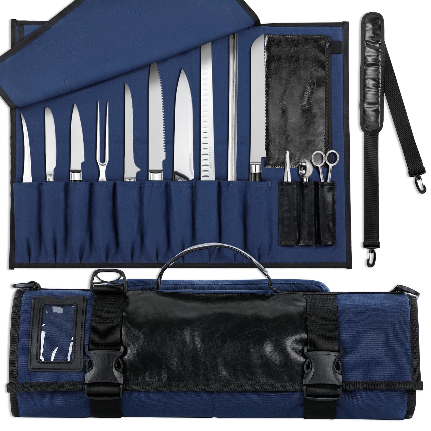 WISEPRO Chefs Knife Roll Bag, Heavy Duty Canvas & Leather Knife Case, Waterproof Knife Case with 10 Slots & 1 Detachable Storage Bag, for Home Kitchen Camping Hiking (Blue)