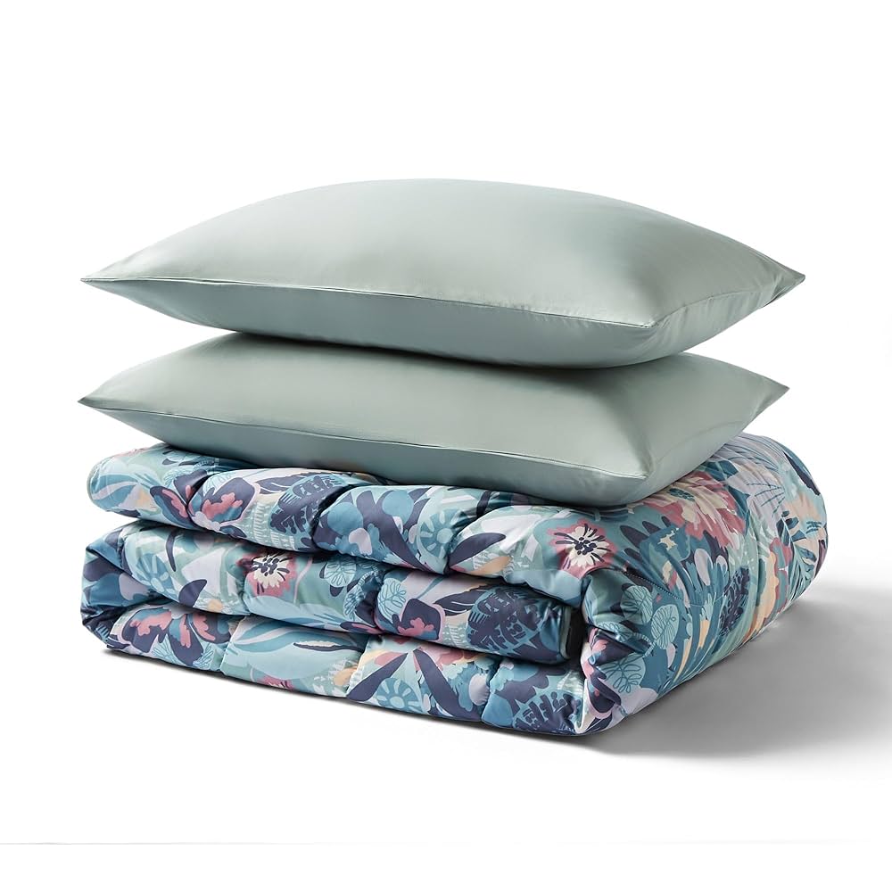 Night Lark Coverless Duvet Double 6 Tog Spring Summer - Pastel Palms Supersoft, Cosy & Lightweight Quilt Machine Washable & Quick Dry All In One Reversible Comforter Pillow Set