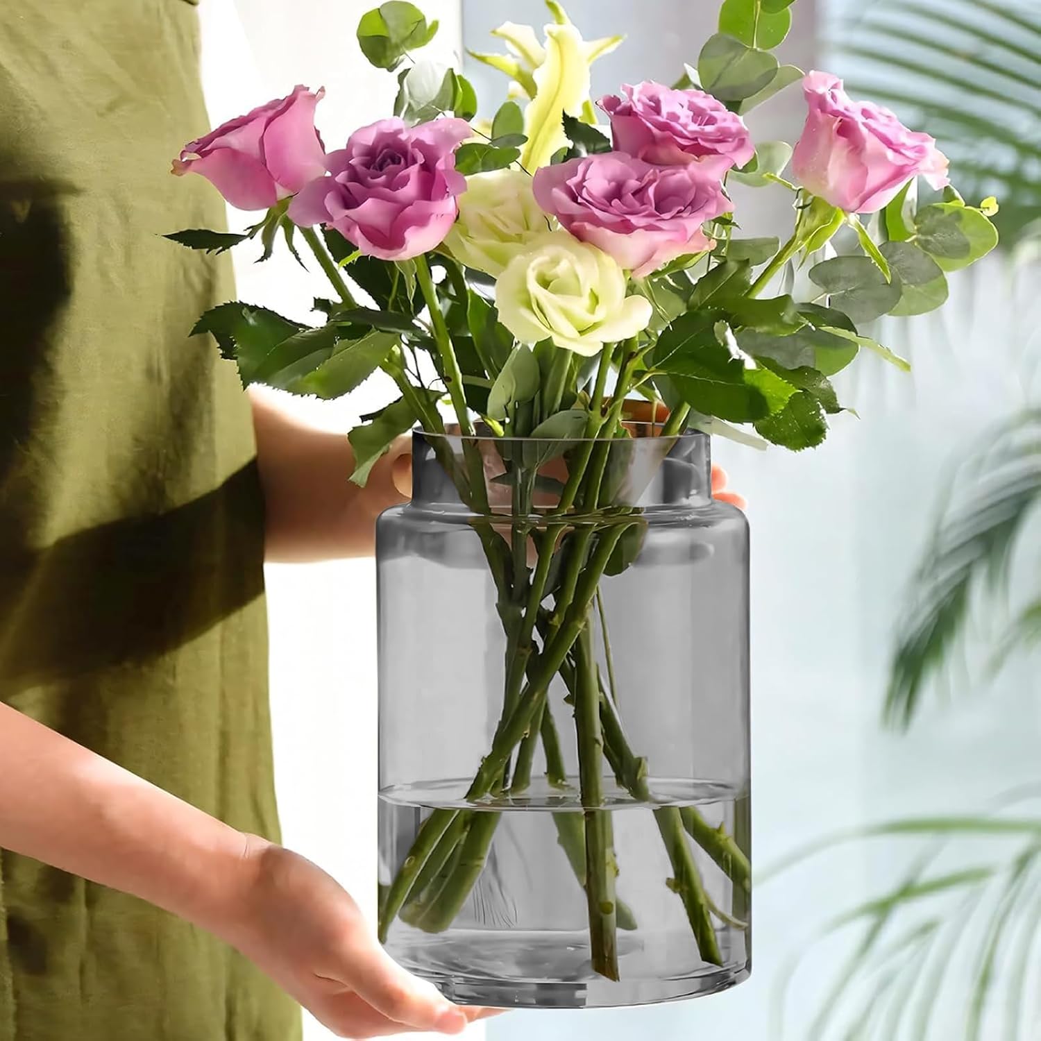 KOIUEYW 9 Inch Tall Vases for Flowers, Large Glass Vase for Centerpieces, Clear Glasses Home Decor Modern Jarrones Decorativos for Wedding Living Room Dining Table (Gray)