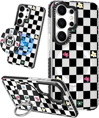 Lotadilo Cute Case for Samsung Galaxy S26 Ultra for Women Girls - Funny Plaid Flower Design Compatible with Magsafe Magnetic Ring Holder Kickstand Fashion TPU Phone Covers