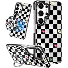 Lotadilo Cute Case for Samsung Galaxy S26 Ultra for Women Girls - Funny Plaid Flower Design Compatible with Magsafe Magnetic Ring Holder Kickstand Fashion TPU Phone Covers