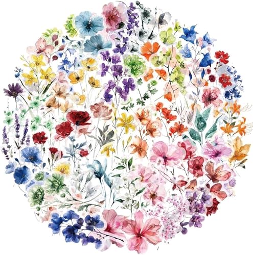 Transparent Flower Watercolour Floral Stickers, Assorted Colours, PVC, 3-5cm, 50 Piece Variety Pack, Waterproof Decor Decals