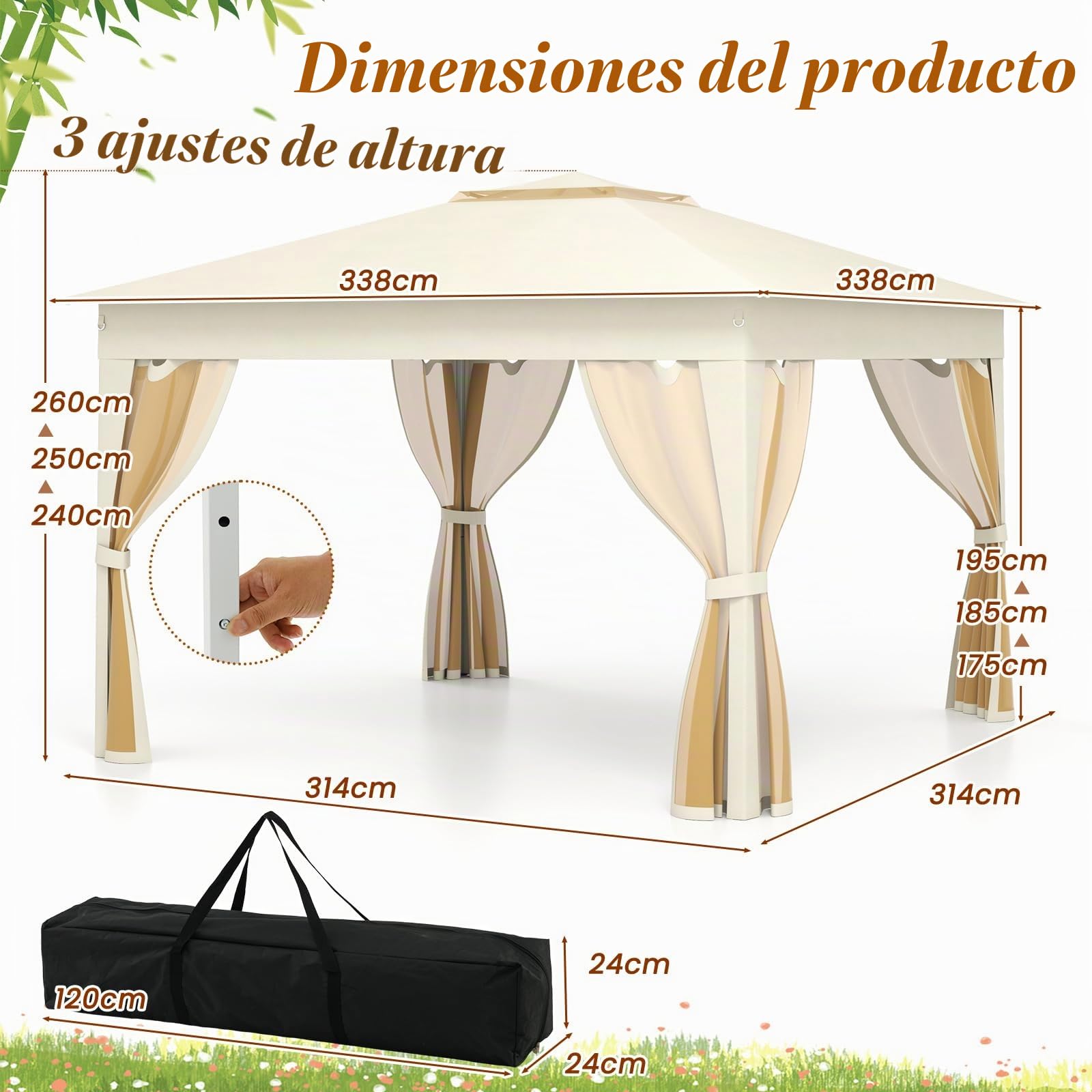 RELAX4LIFE Pérgola de Jardín 3,38x3,38m, Carpa Plegable con Mosquitera | 3 Alturas Ajustables, Bolsa de Transporte y Techo Doble, Cenador para Camping, Fiestas, Boda