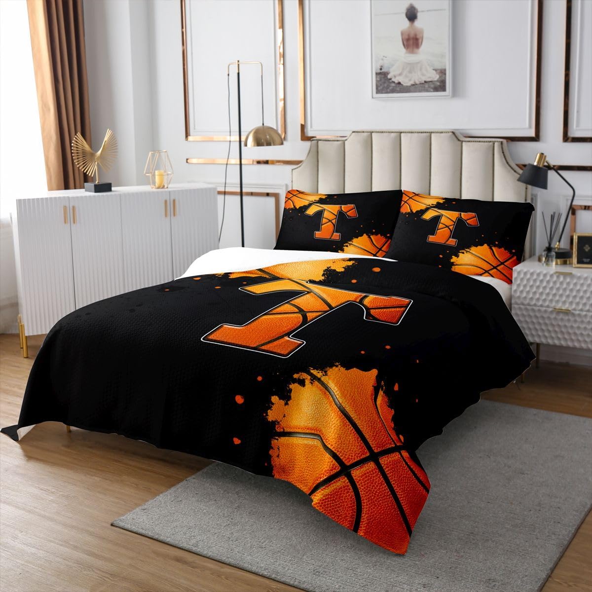 jejeloiu Basketball Initials T Bedspread 3 Pieces Queen Size Sports Ball Games Coverlet Set Soft Cozy Alphabet Letter Lightweight Quilted Coverlet for All Season with 2 Pillowcases