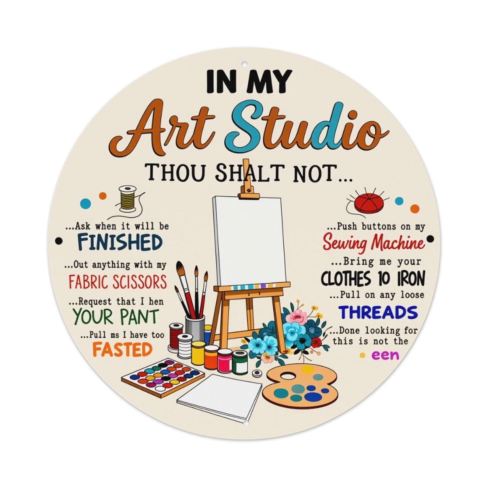 Art Studio Rules Humor Round Tin Sign Vintage Style Metal Sign Home Bar Garden Wall Plaque Decor Metal Poster 8x8 Inch