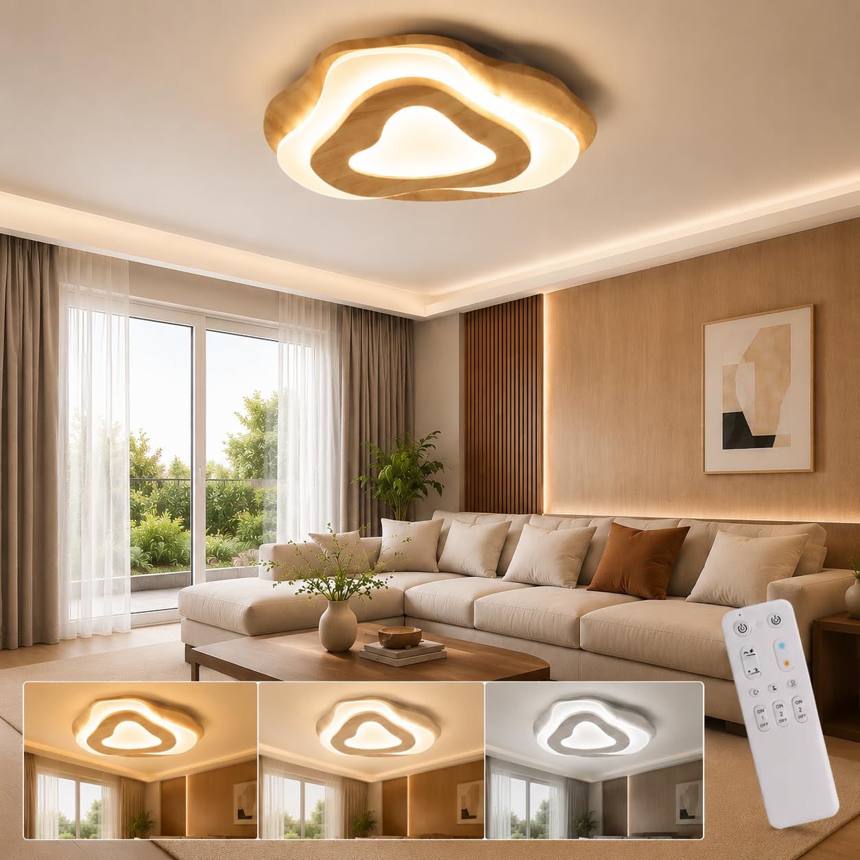 Plafonnier LED bois dimmable 35W avec télécommande pour salon - 8