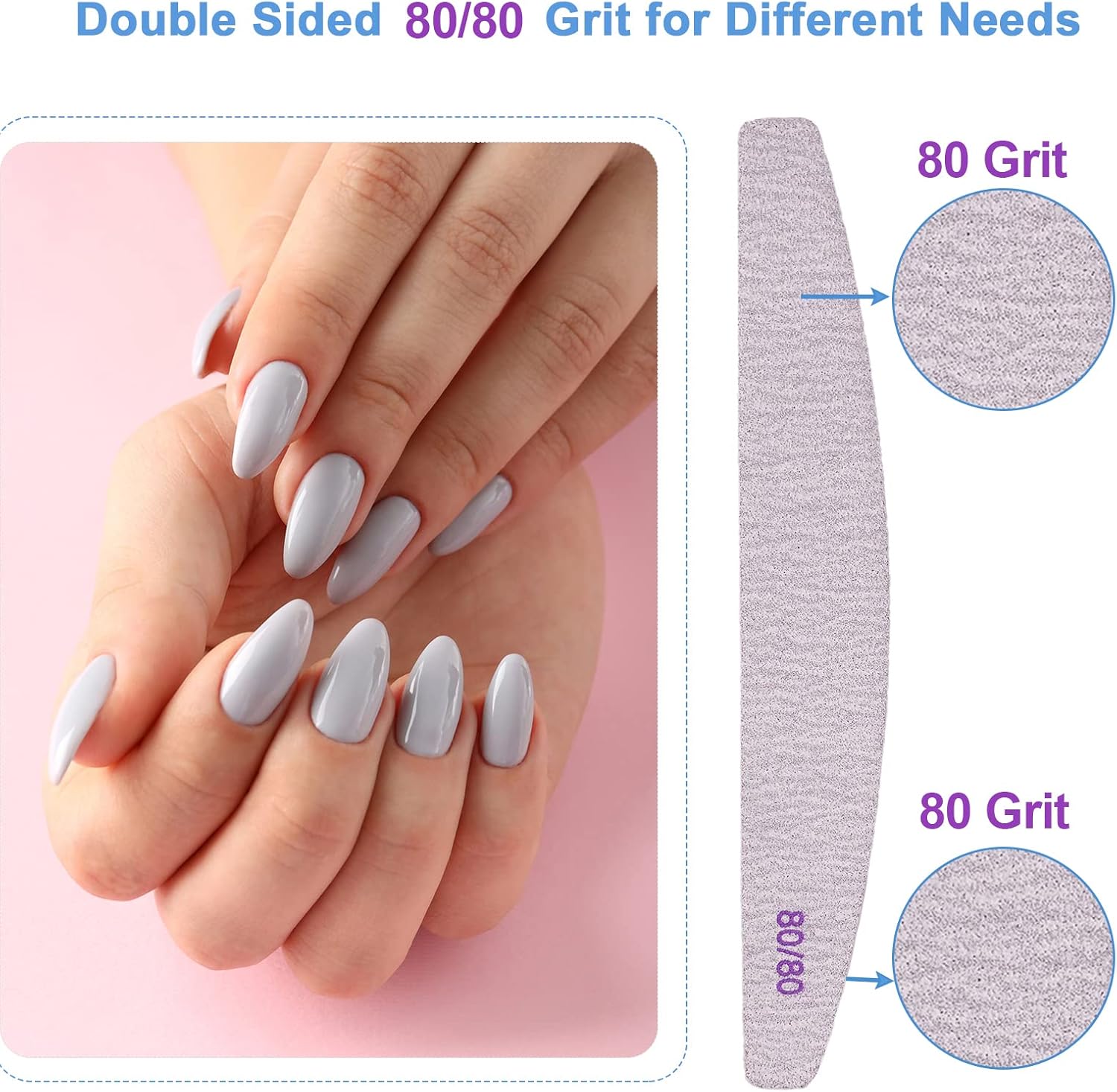 Nail Files 80/80 Grit (100 Pack), Emery Boards for Acrylic Nails and Gel Nails, Coarse Nail File 80 Grits Double Sided Emory Board Professional Nail Filers Reusable Washable Manicure Curved Gray Bulk