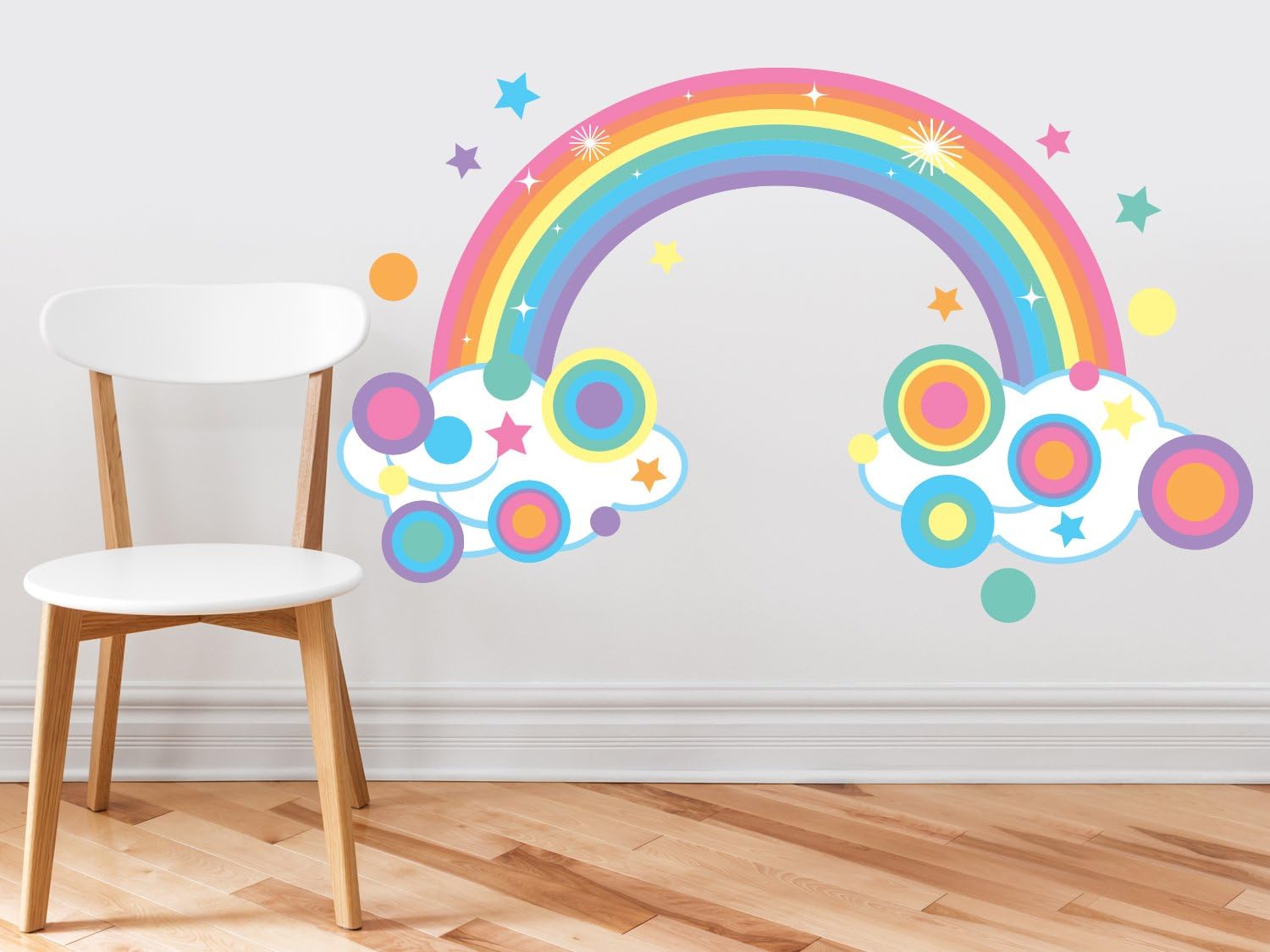 Rainbow Fabric Wall Decal, Sparkling Rainbow with Polka Dots and Stars in Pastel Colors, Repositionable, Reusable, Three Size Options