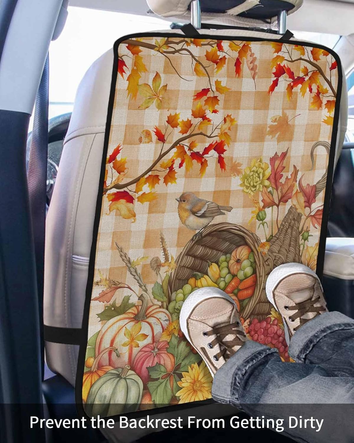Car Seat Protector, 2 Pack Kick Mats Back Seat Protector Fall Watercolor Robin Fruit Basket Maple Leaves Brown Plaid Waterproof Backseat Cover for Kids Universal Fit Automotive Interior Protectors
