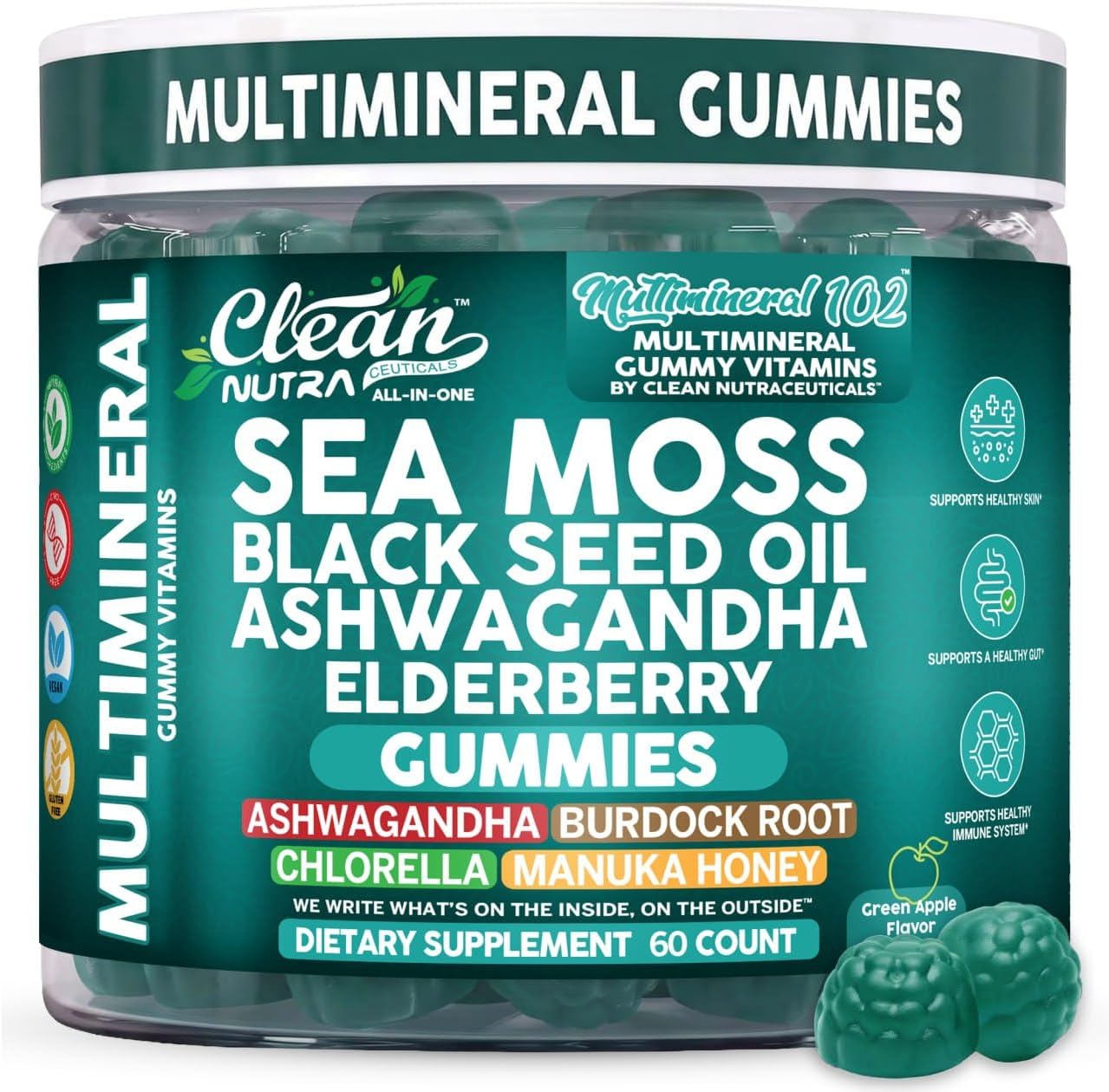 Sea Moss Gummies | Clinically Tested - Black Seed Oil Ashwagandha Elderberry Burdock Root Chlorella Manuka Honey - Vegan Irish Sea Moss Gummy Vitamins for Adults Kids Men Women - Green Apple Flavor