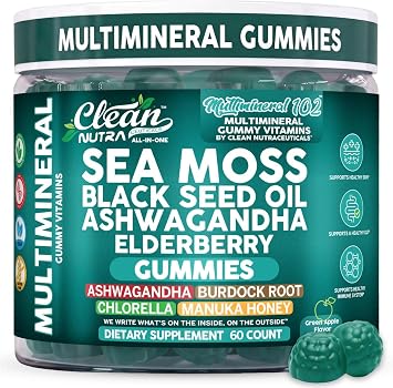 Sea Moss Gummies | Clinically Tested - Black Seed Oil Ashwagandha Elderberry Burdock Root Chlorella Manuka Honey - Vegan Irish Sea Moss Gummy Vitamins for Adults Kids Men Women - Green Apple Flavor