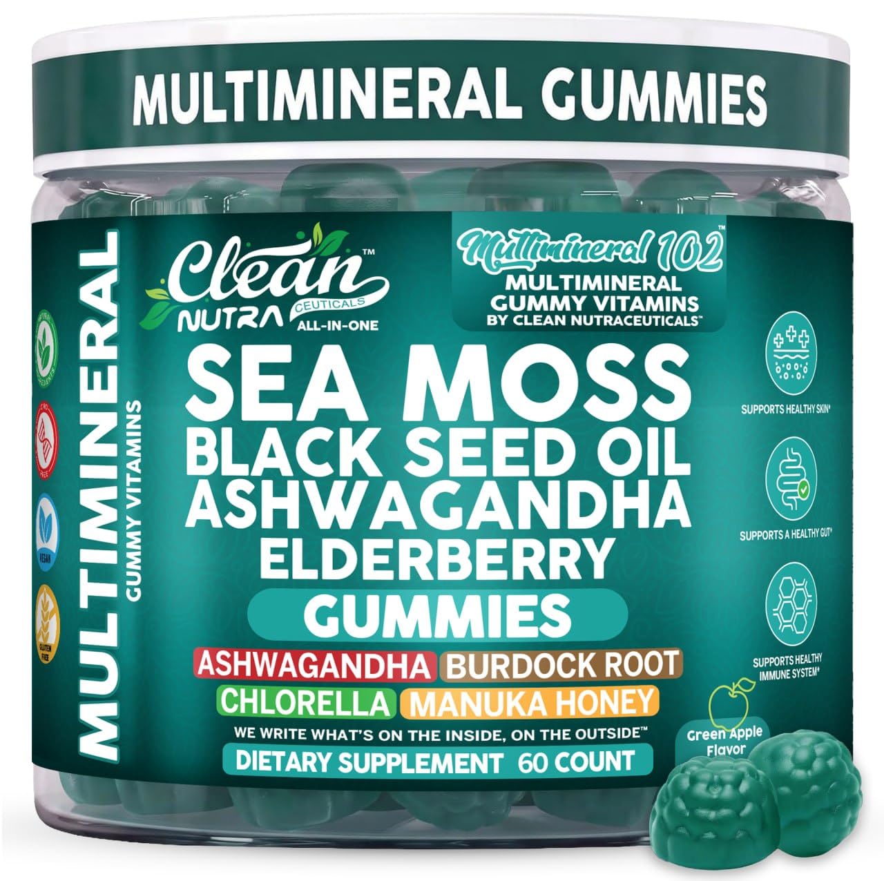 Sea Moss Gummy's klinisch getest - Black Seed Oil Ashwagandha Elderberry Burdock wortel Chlorella Manuka honing - Vegan Ierse Zee Mos Gummy Vitaminen voor volwassenen Kids Heren Vrouwen - Green Apple Flavor