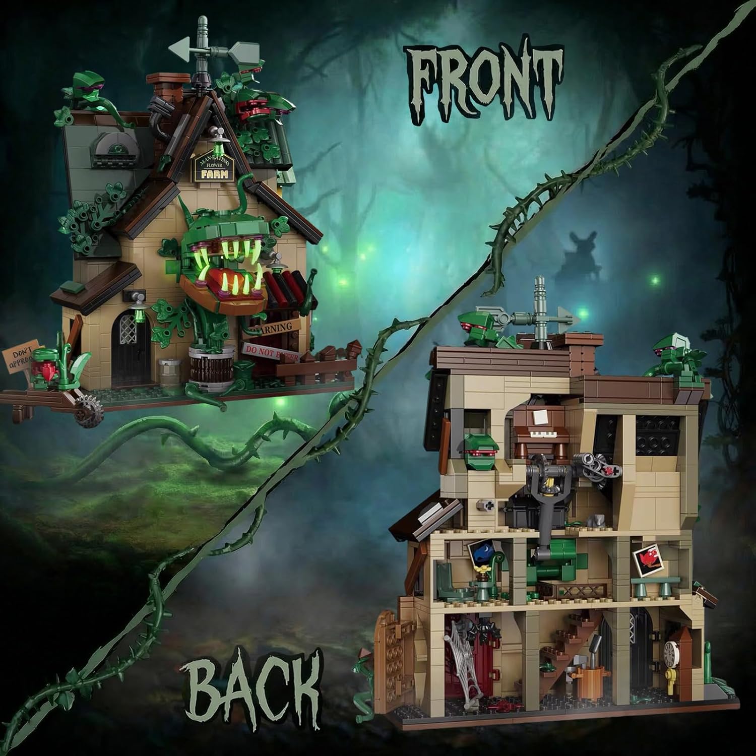 Micro Mini Bricks Piranha Plant Audrey Haunted House Building Blocks Set for Adults, Shop of Horrors Movie Cabin with Openable Mouth, Gothic Halloween Decoration Gift (958pcs)