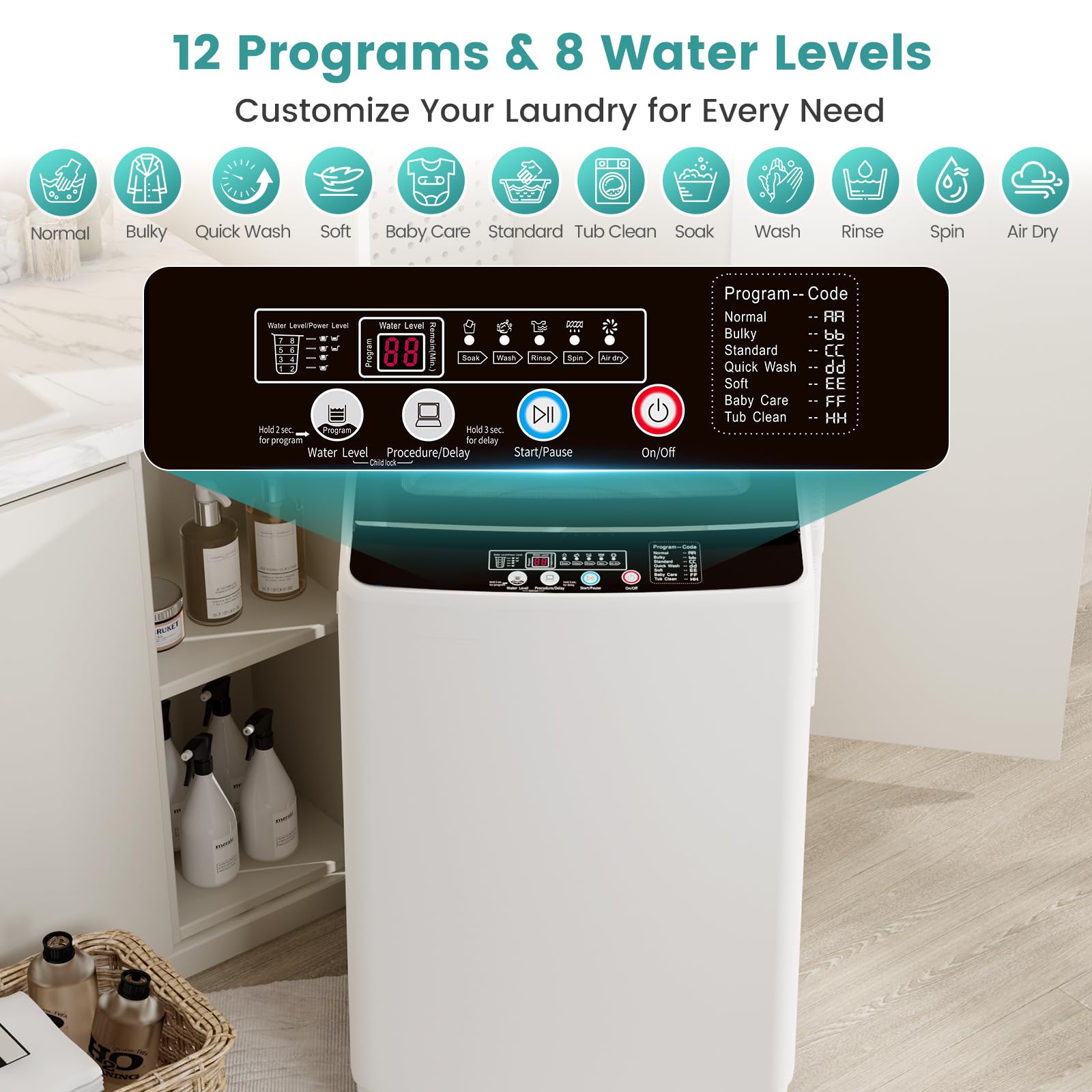 Auertech  Portable Washing Machine, Fully Automatic Portable Washer with LED Display, 10 Wash Cycles, 5 Water Levels, 24H Delays, Top Load Washing Machine for Apartment, RV, Dorm, Home: 35 lbs