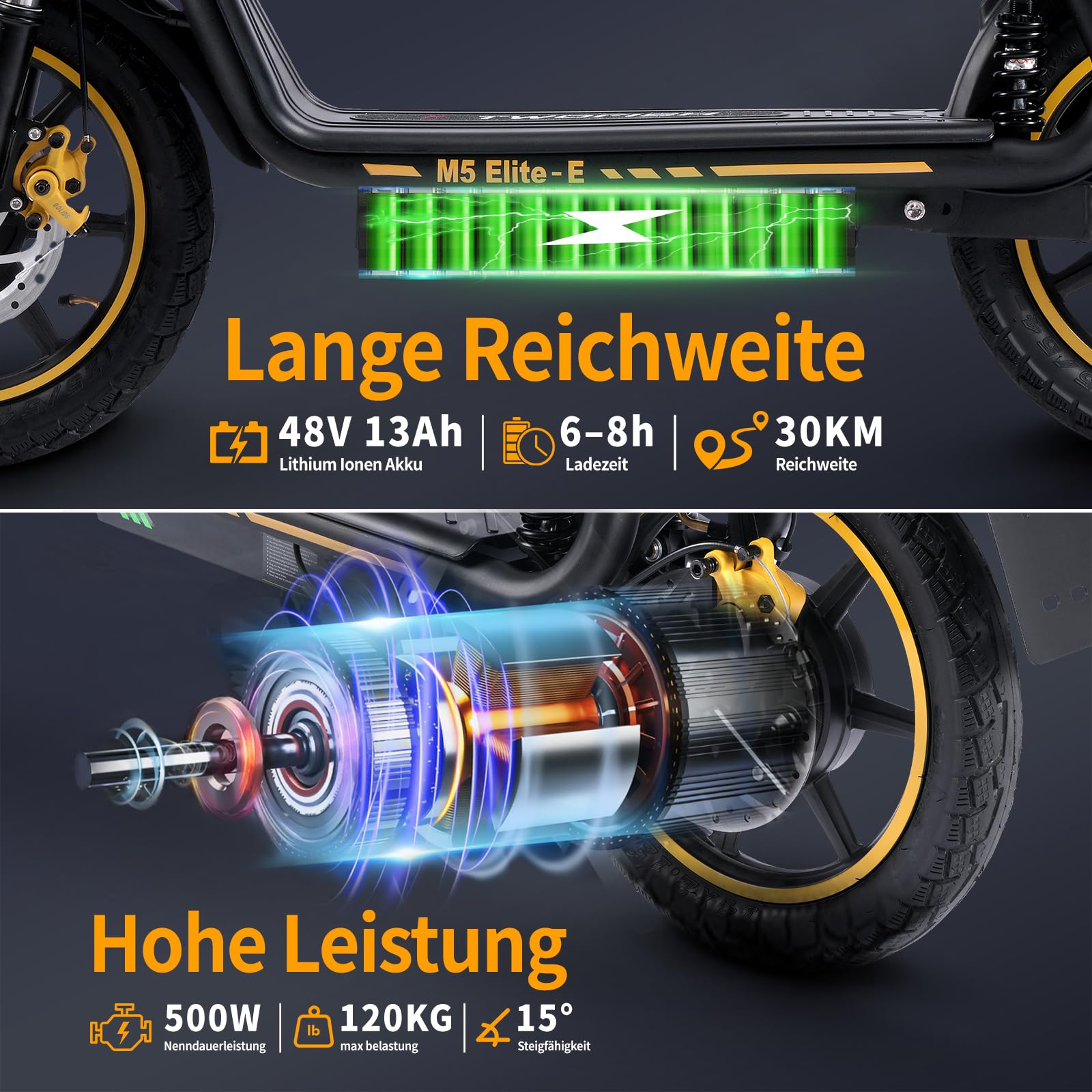 TWOFISH Elektro Moped 500W mit 48V 13Ah Akku, EEC Zertifiziert, 30 km Reichweite, 14 Zoll Reifen, 45 km/h, Motorroller mit Straßenzulassung, Elektro Motorrad mit Sitz & Korb, M5 Elite E (Schwarz)