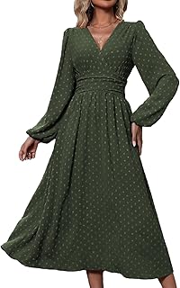 JENJON Women V-Neck Elegant Polka Dot Pleated High Waisted Long Sleeve Casual A-line Dresses Autumn Winter