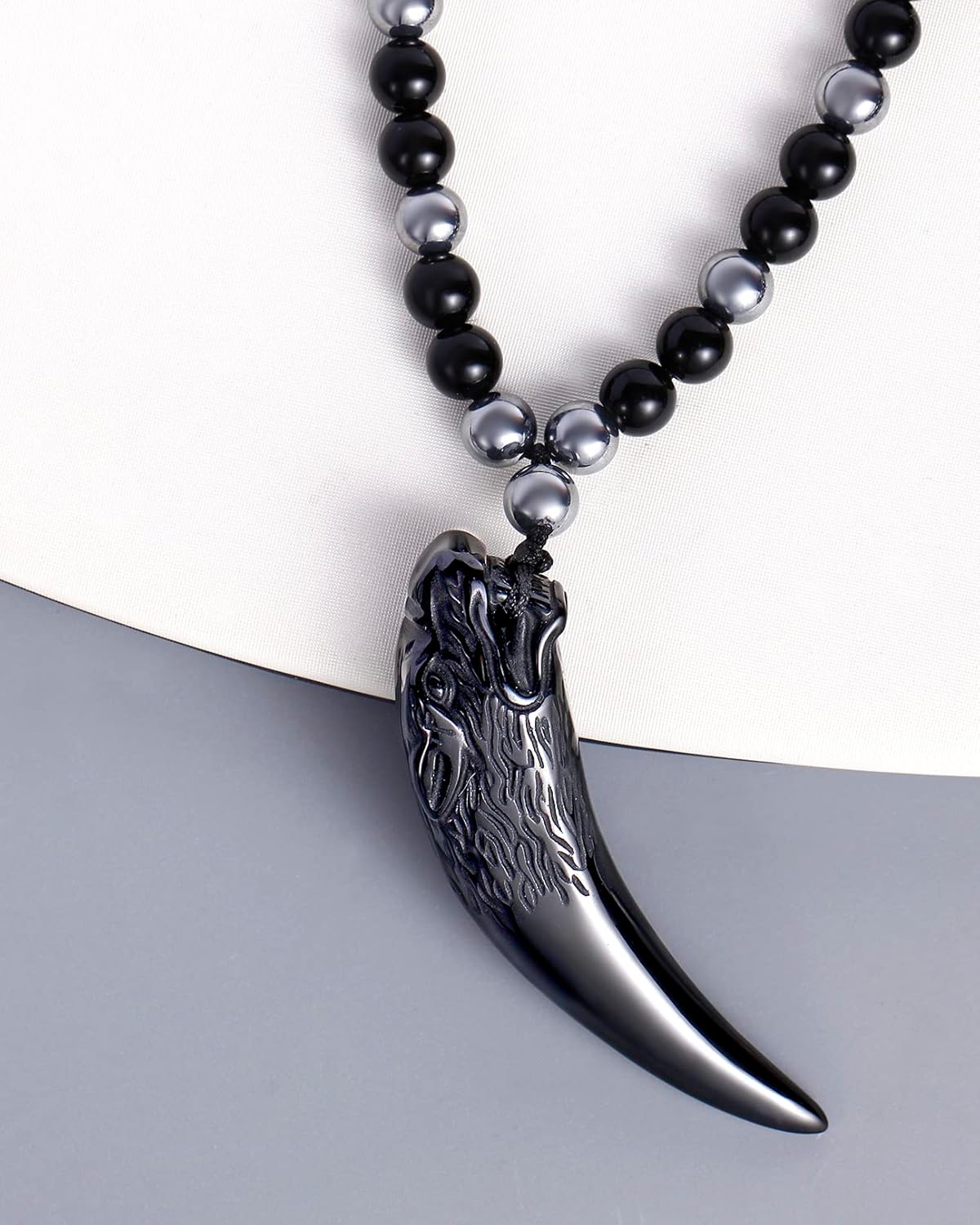 Wolf Tooth Obsidian Pendant Couples Necklace Beads Chain Crystals Protection Necklaces for Women and Men Unisex Jewelry - Image 2