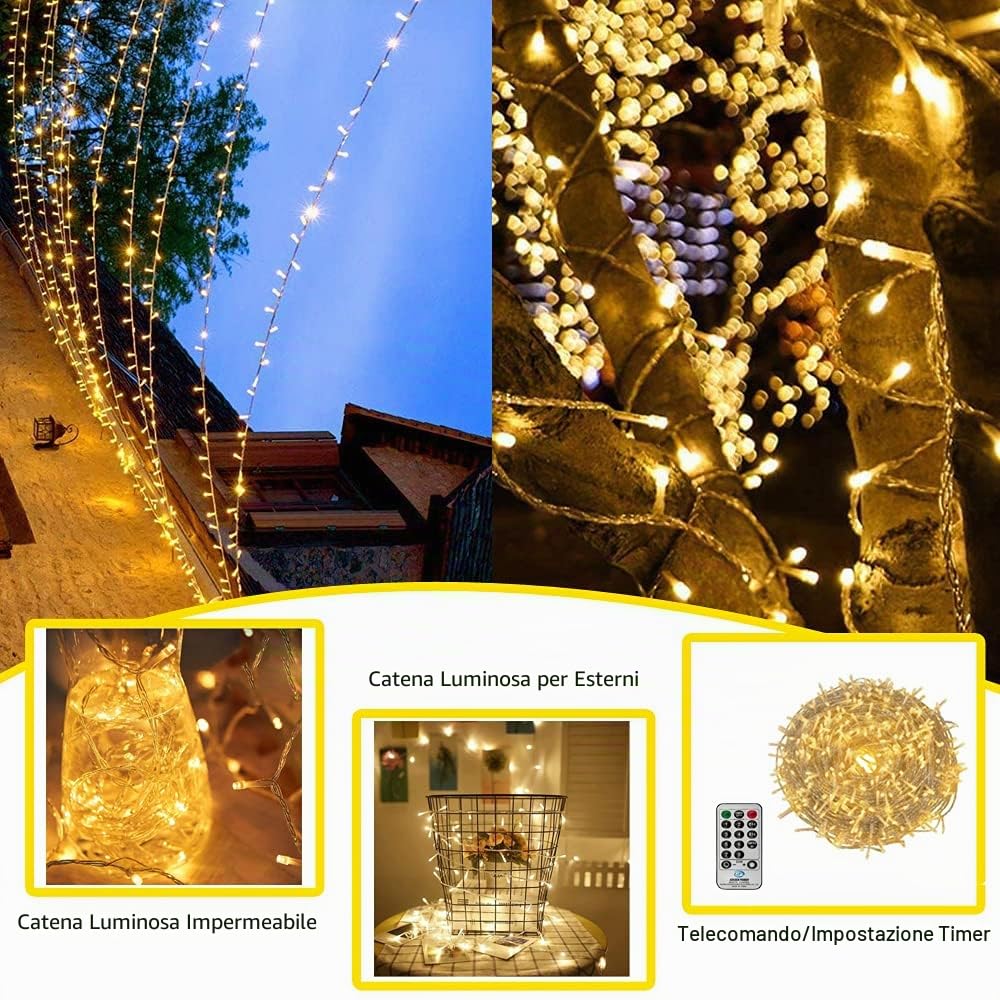 Catena luminosa per esterni, 100 m, per interni, impermeabile, lunga catena luminosa da giardino, per esterni, alimentata a corrente con telecomando e timer, 8 modalità
