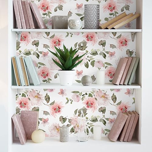 Miniatura 6 de VEELIKE Papel tapiz floral rosa suave para despegar y pegar peonías de 17.7 x 354 pulgadas, autoadhesivo, papel de contacto floral vintage, papel de