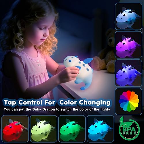 Miniatura 2 de Linda luz nocturna para niños con diseño de dragón para bebés, linda lámpara de silicona suave de 3 niveles regulable, cambiante, recargable, para
