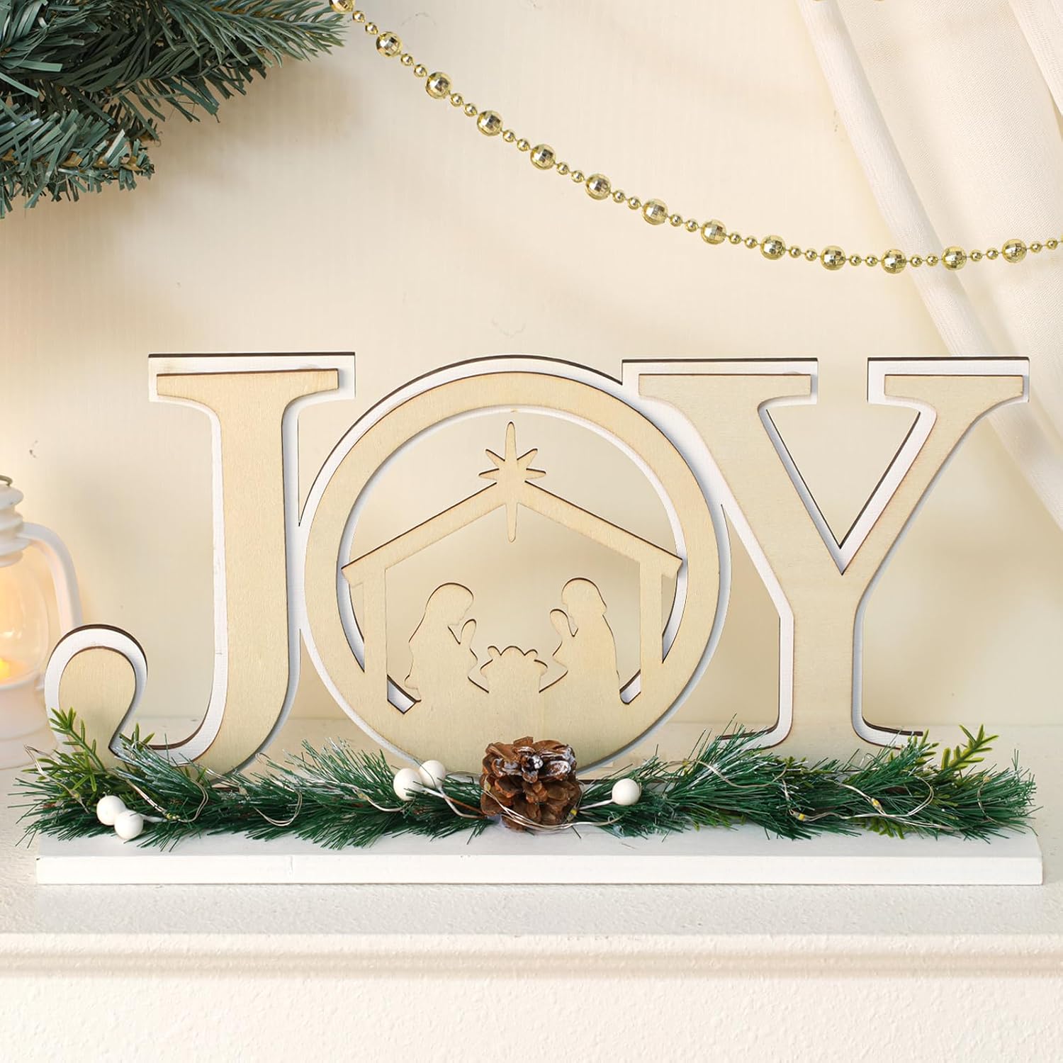 Yousoontic Christmas Nativity Scene with Wooden Farmhouse Joy Tabletop Decorations Light up Nativity Festive Decor Religious Christmas Joy Decor for Xmas Table Home Fireplace