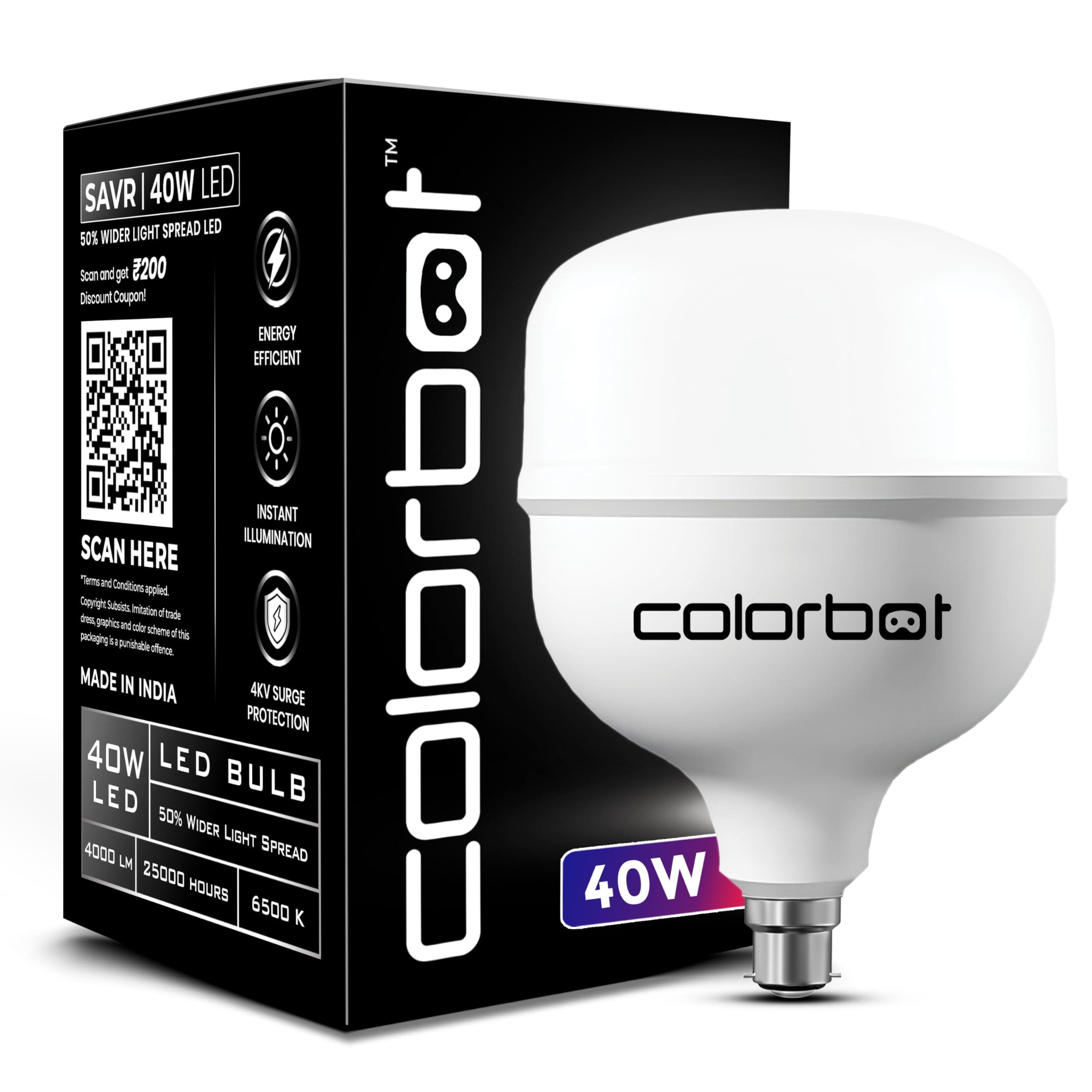 Colorbot SAVR 40W LED Bulb | B22 Base | High CRI & High Efficiency | Mercury-Free | 4KV Surge Protection | Cool Day Light (6500K)