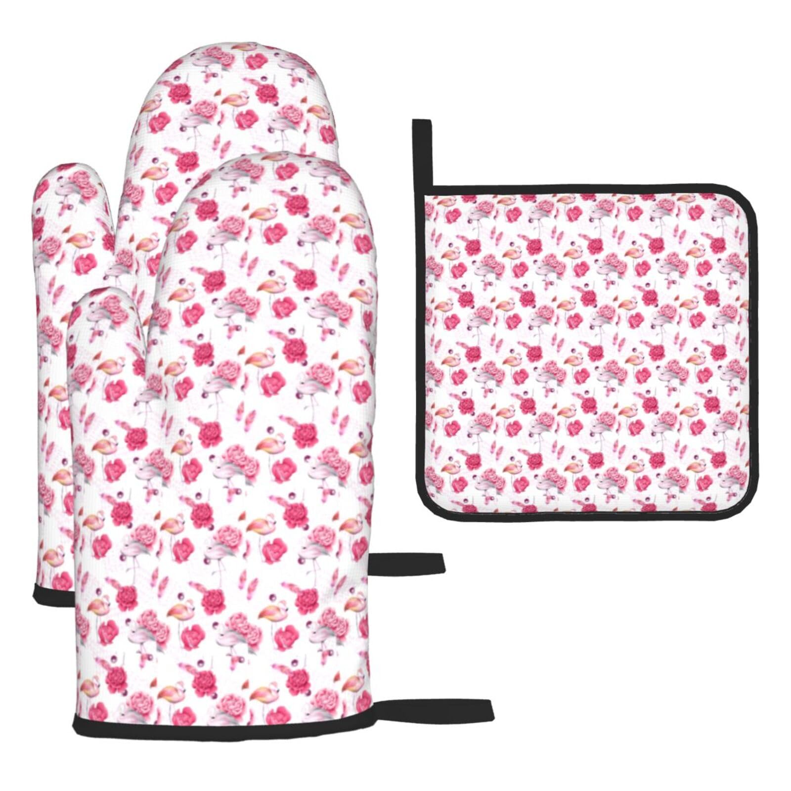 Red Flamingos Print Oven Set Kitchen Gloves Baking Grilling Microwaving Cooking Gift Everyday Holiday