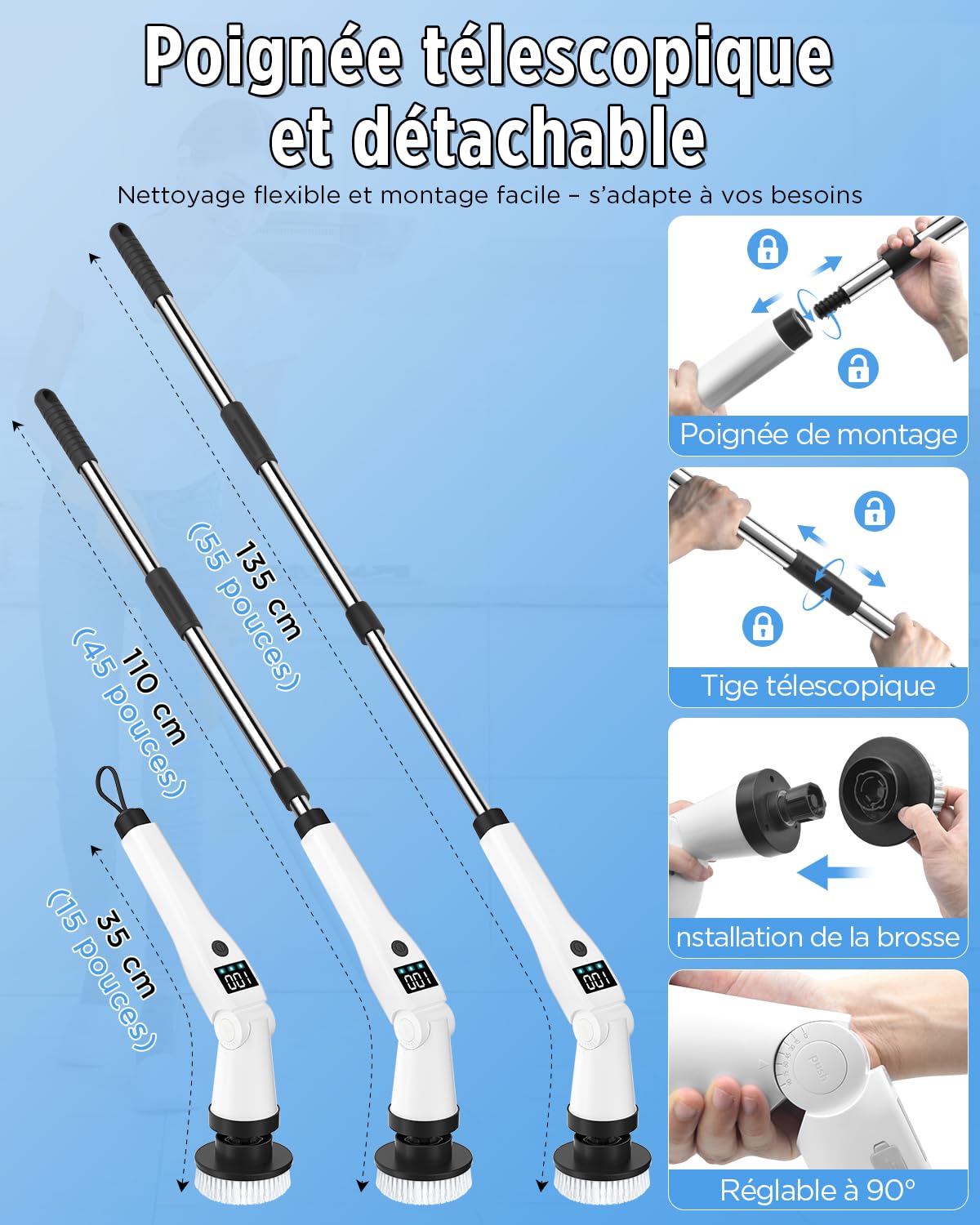 Lepwings Brosse de Nettoyage Électrique avec 8 Têtes Remplaçables, Brosse Rotative Puissante Rechargeable, 3 Vitesses, Manche Télescopique 35–135 cm, Étanche IP65 pour Salle de Bain, Cuisine, Voiture