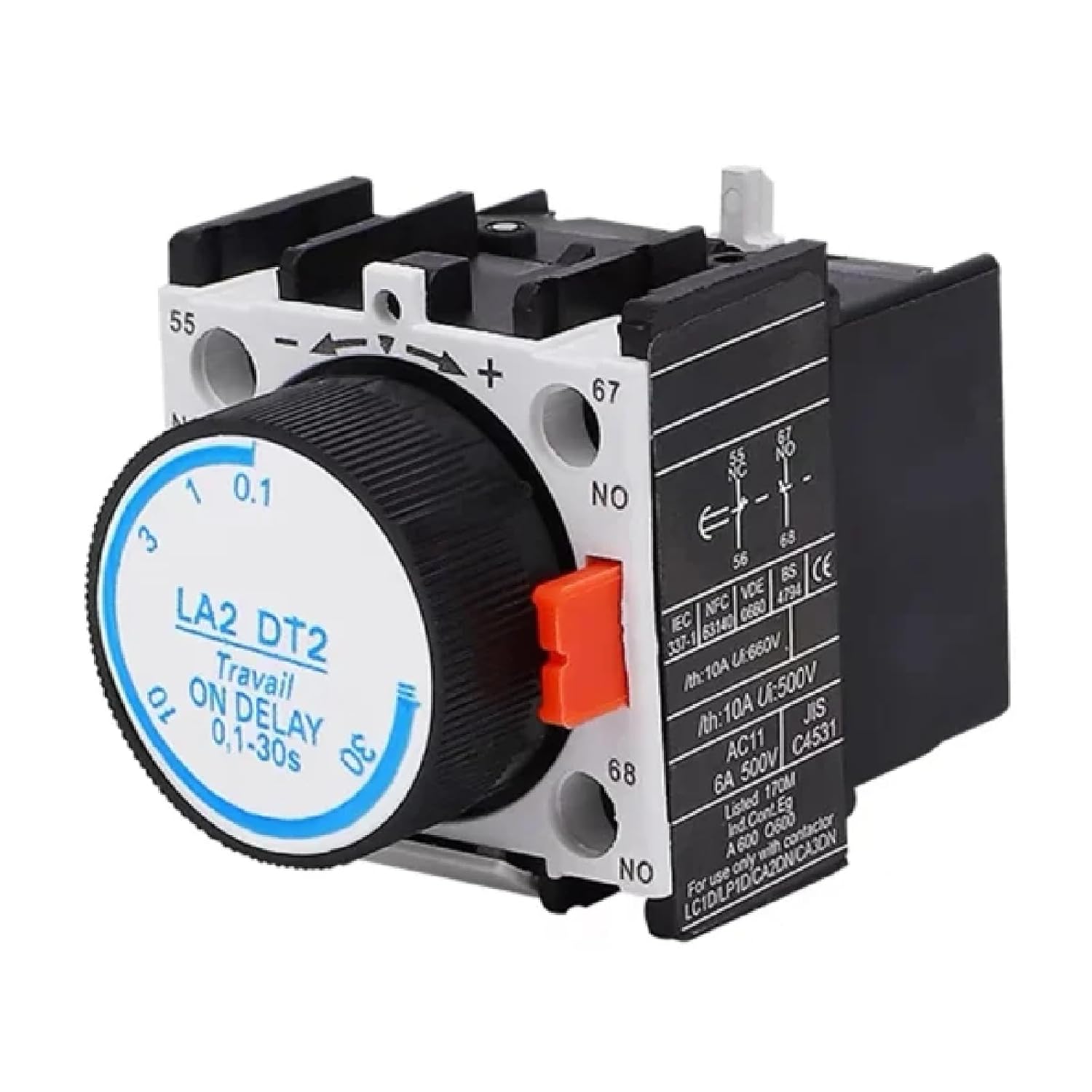 LA2 DT2 Time Delay Relay Auxiliary Contact Block, ON Delay 0.1-30s, Contactor Timer Switch with NC NO Contacts (LA2-DT2(0.1-30S))