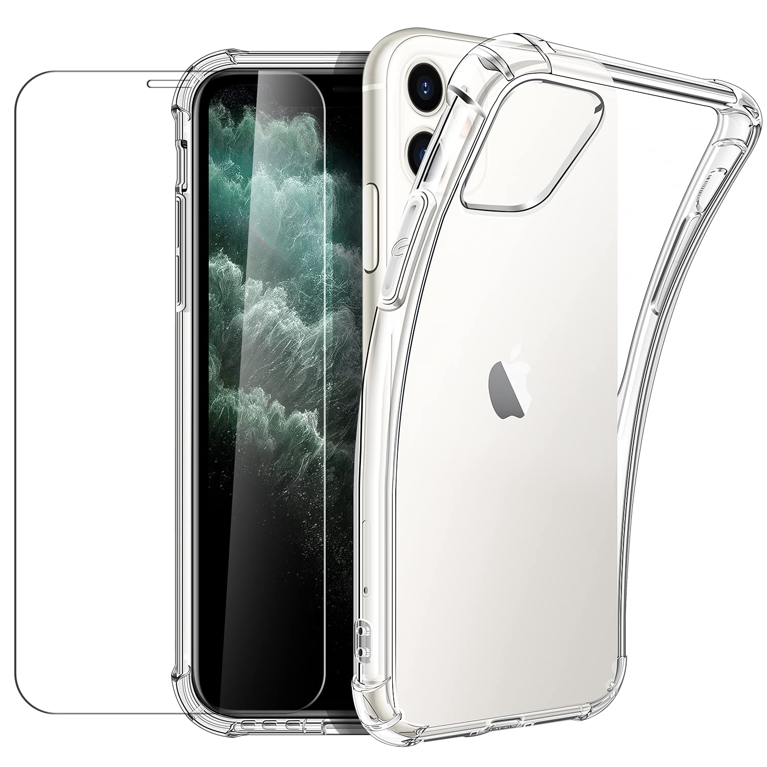 New&Teck Compact Case for iPhone 11 (6.1) + [Tempered Glass Screen Protector], Transparent Soft TPU Silicone Case [Bumper with Reinforced Corners], Clear Protection.