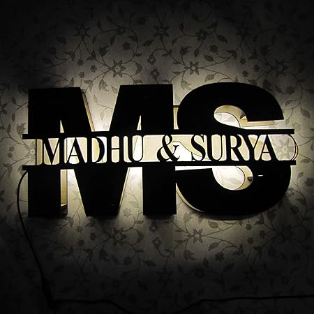 Varna Crafts Wooden Personalized Couple Alphabets Laser Cut LED Night Lamp (400 x 200 mm, Brown)