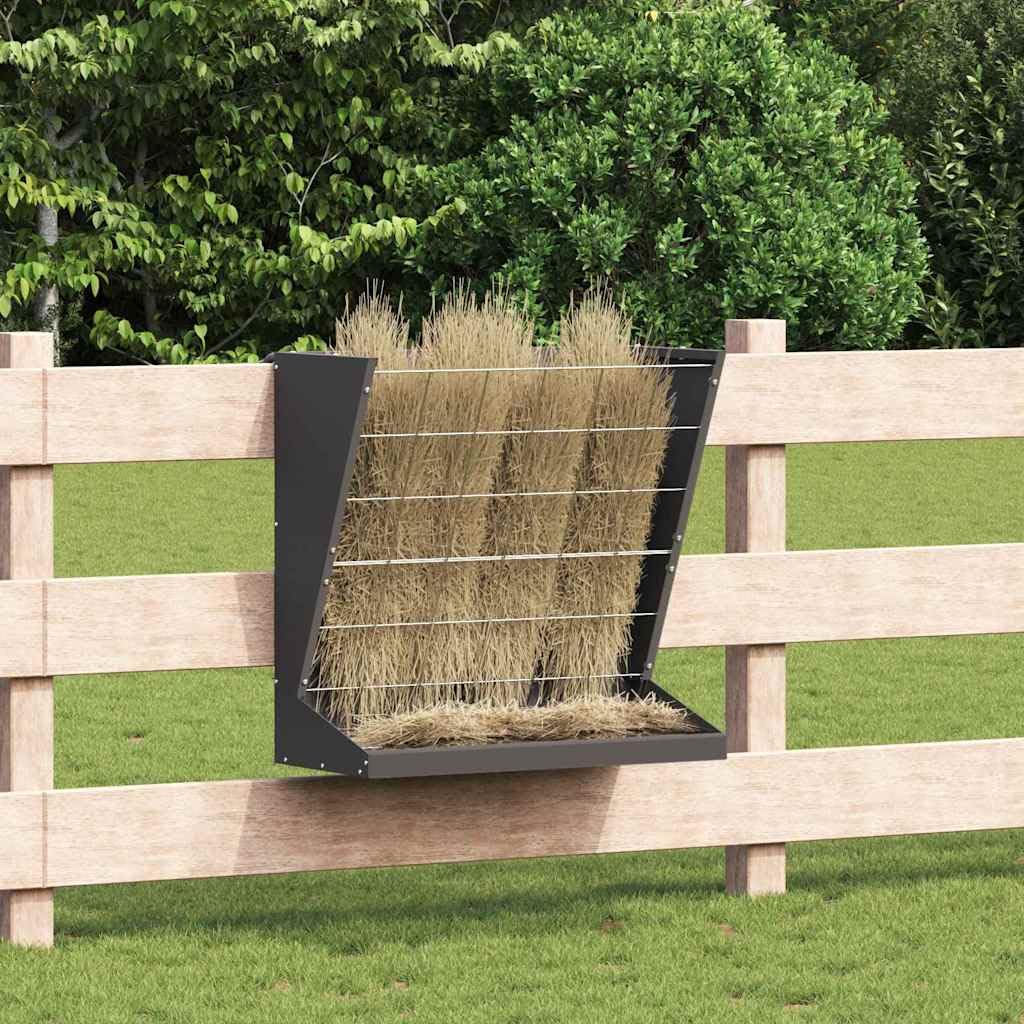 Heu Futterspender aus kaltgewalztem Stahl schwarz 71 x 33 x 70 cm mit 5 kg Kapazität wetterfest für Innen Außenbereich mit Aufhängemechanismus und Tablett ideal für Haustiere und Kleintiere
