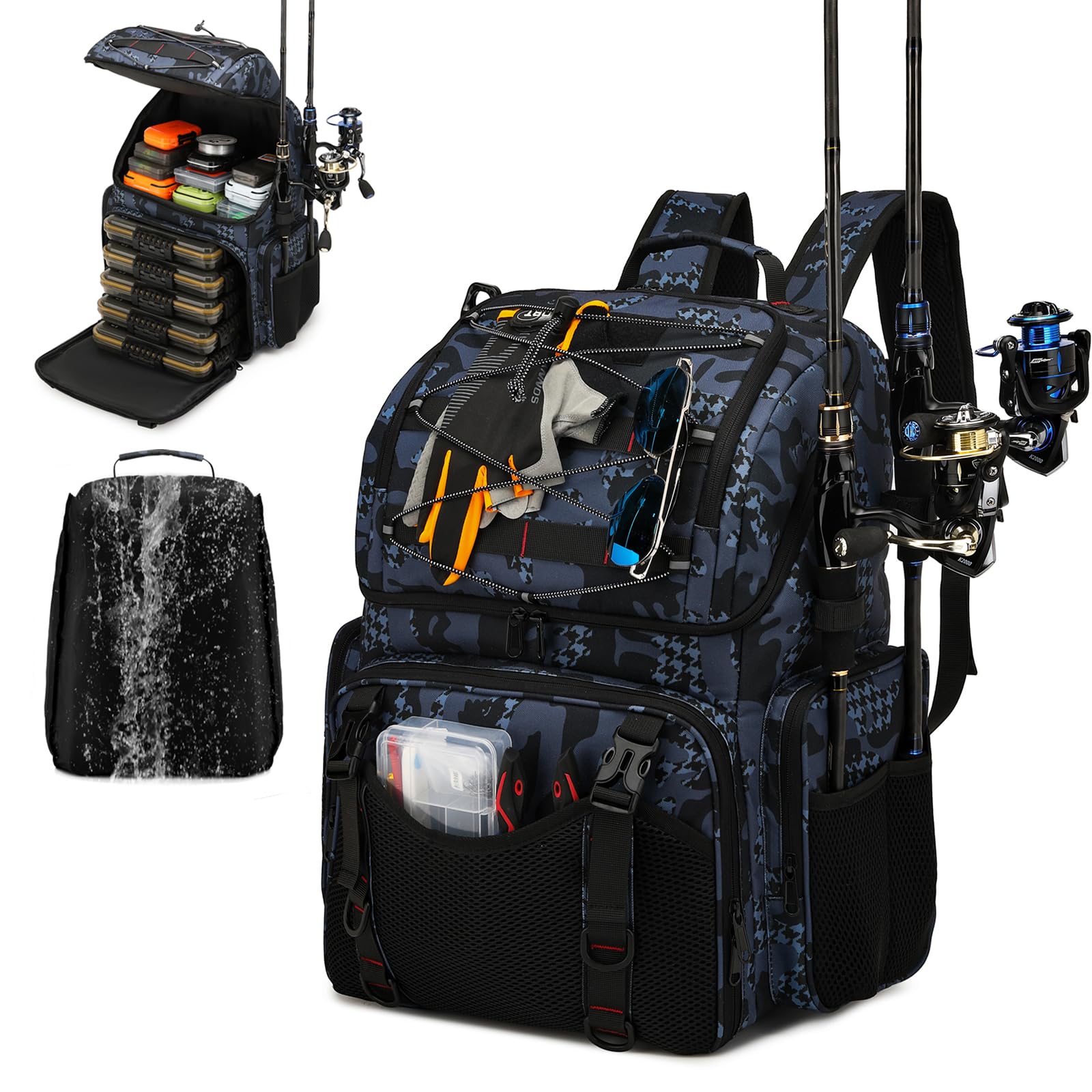 Fishing Backpack, 45L Large Cooler Fishing Tackle bag with Rod Holders & Rain Cover, Water-resistant Store Gear