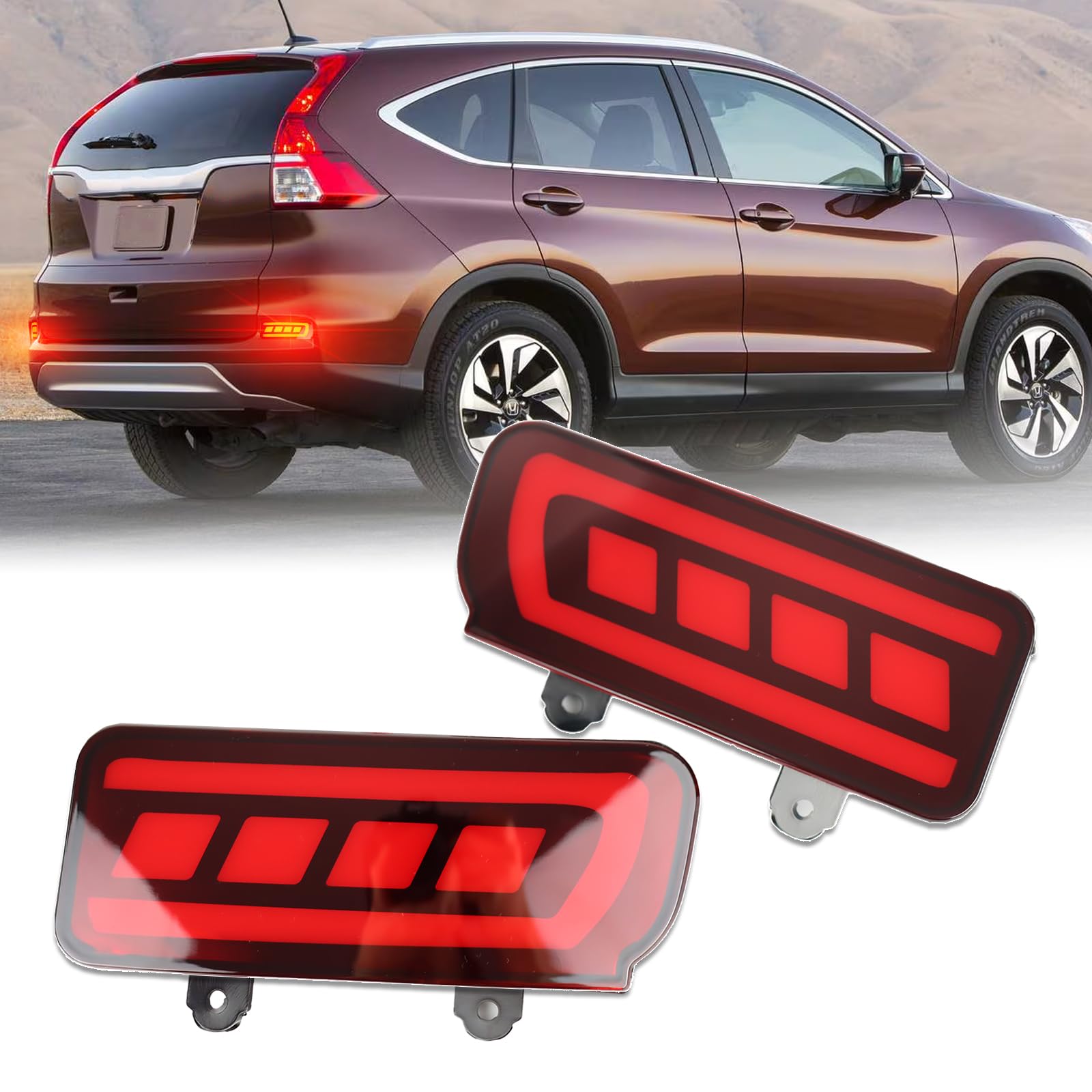 Smoked LED Rear Bumper Reflectors Fog Brake Tail Light Lamps Compatible with Honda CRV C-RV 2015 2016 EX EX-L Touring Accessories (RED)