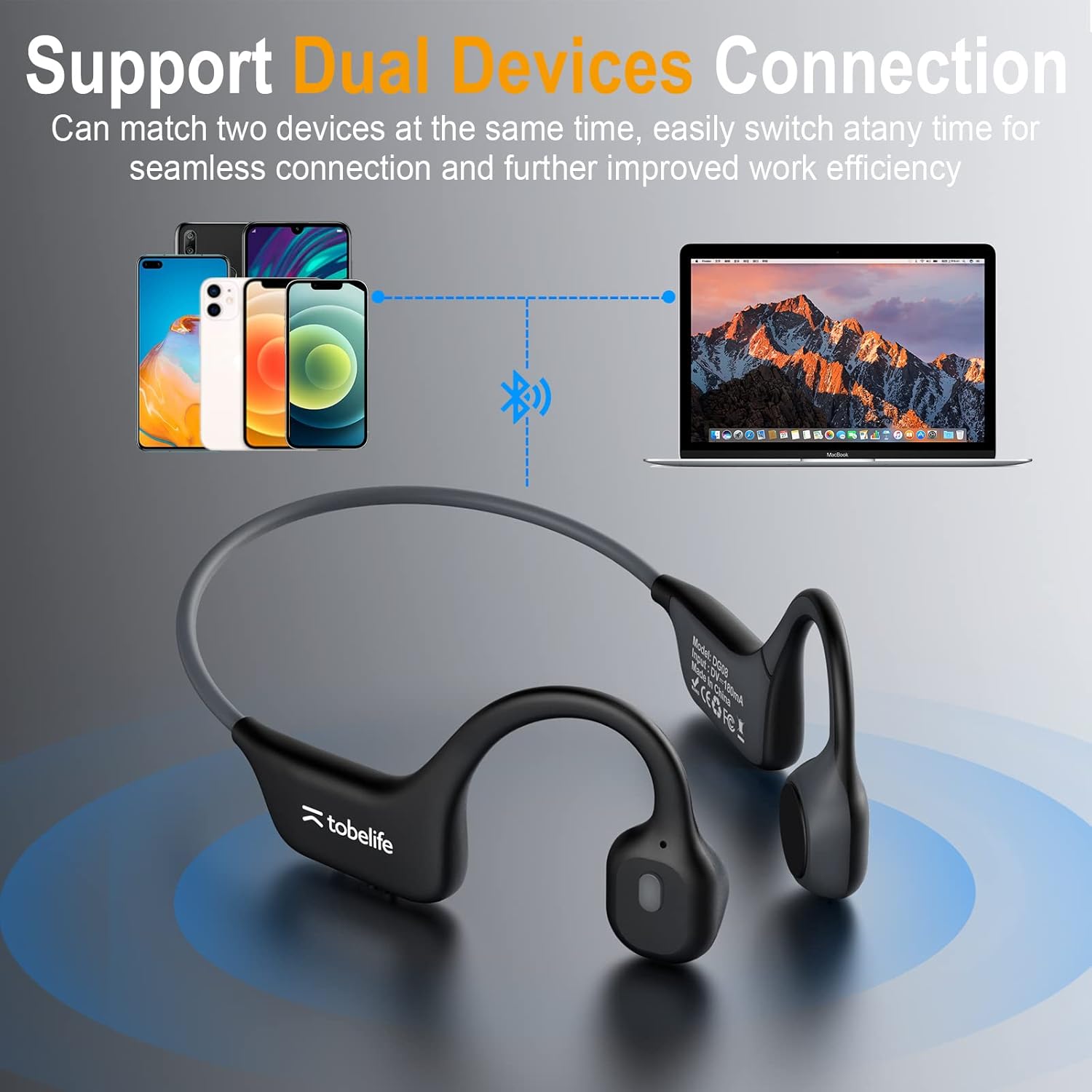 Diagram showing tobelife headphones connected to a smartphone and a laptop simultaneously