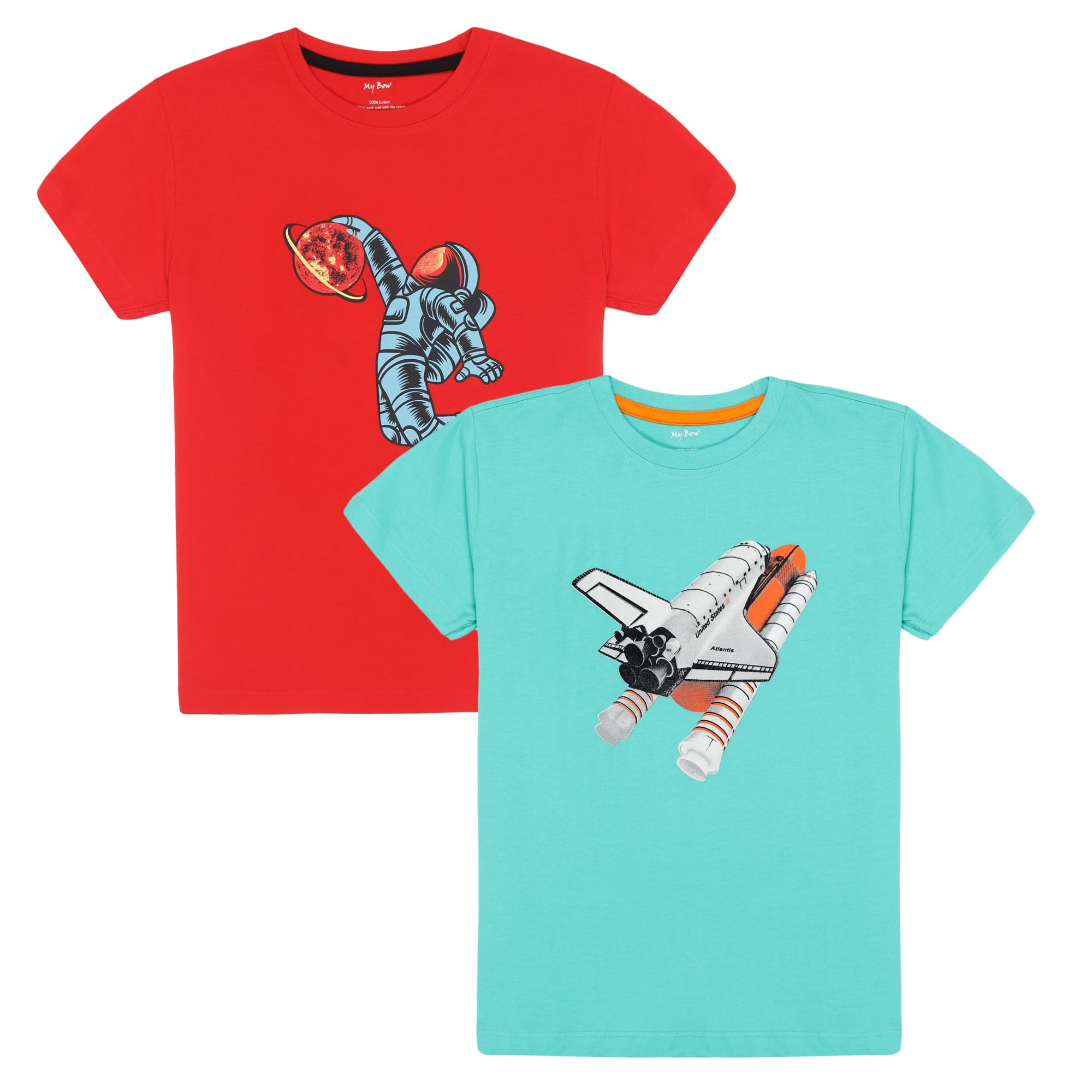 My BowAtlantis NASA and Astronaut Printed Tshirts, Cyan and Red, Short Sleeve, Combo (Boys, Girls, Cotton, Ages 4-14 Years)