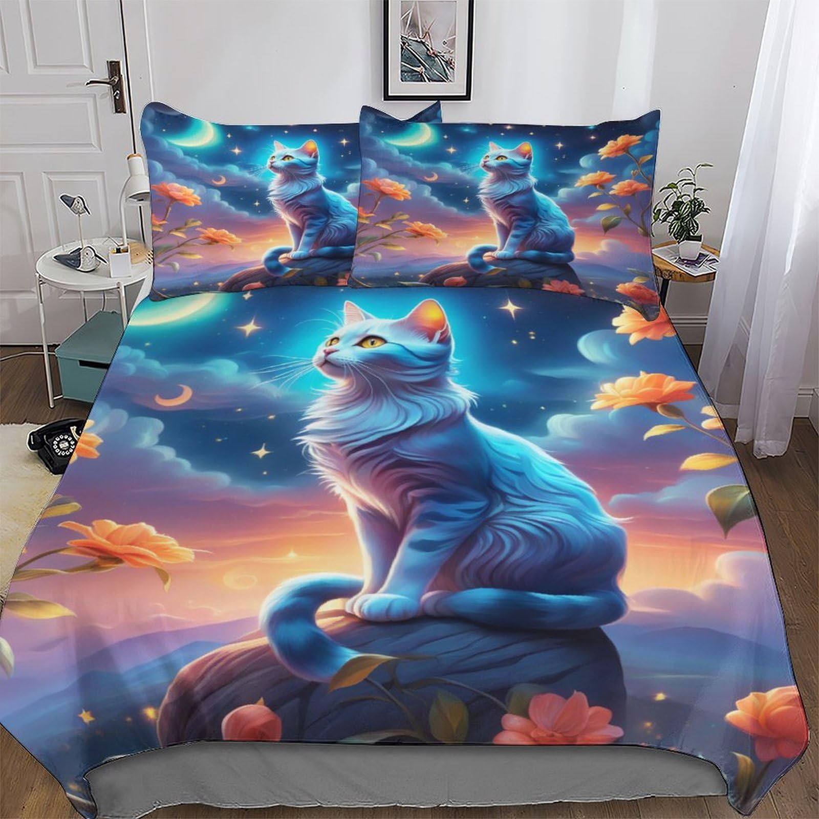 PAZZK Starry Sky Cat Duvet Covers Bedding Sets, with Zipper Closure Comforter Cover 2 PCs Easy Care And Super Soft Poly Cotton Quilt Cover with Pillowcases for Adults Kids Single (135x200cm)