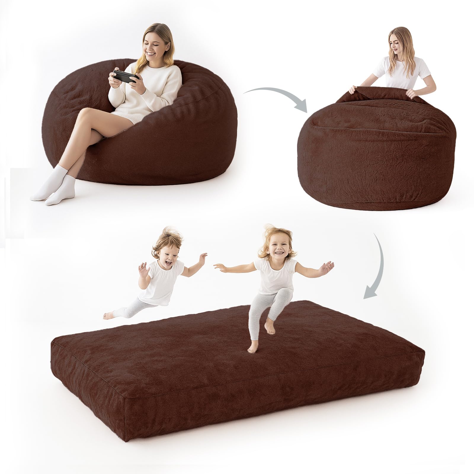 Big Bean Bag Chairs for Adults,Bean Bag with Filler Included,Memory Foam Bean Bag,Giant beanbag,Suitable for Reading Chairs in Living Room, Bedroom and Dormitory. (Brown, Bean Bag Bed)