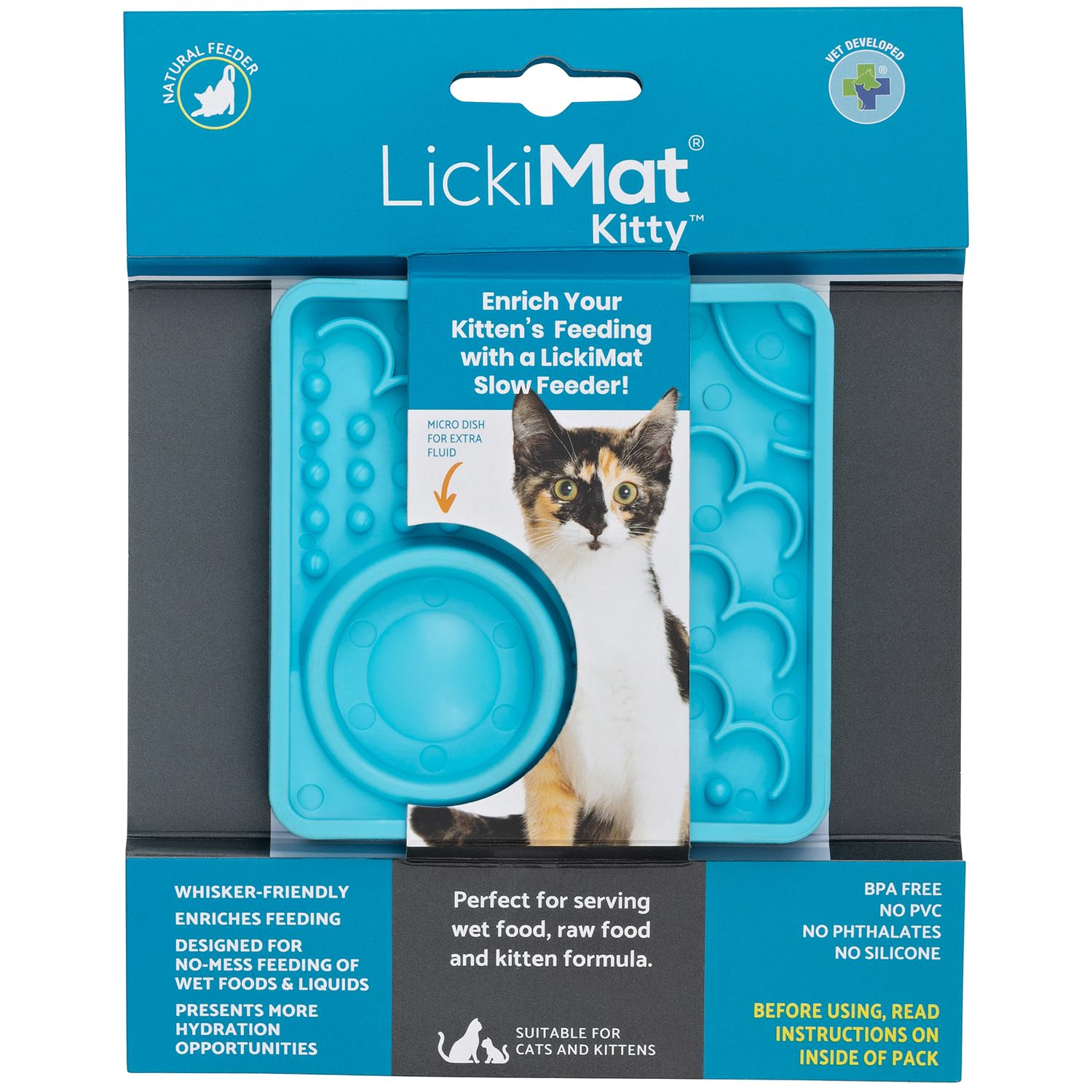 LickiMat Kitty Cat Food Mat - Cat Slow Feeder with Micro Dish for Added Hydration - Perfect for Food, Treats, Yoghurt & Anxiety Relief for Cats - Fun Alternative to a Slow Feeder Cat Bowl - Turquoise