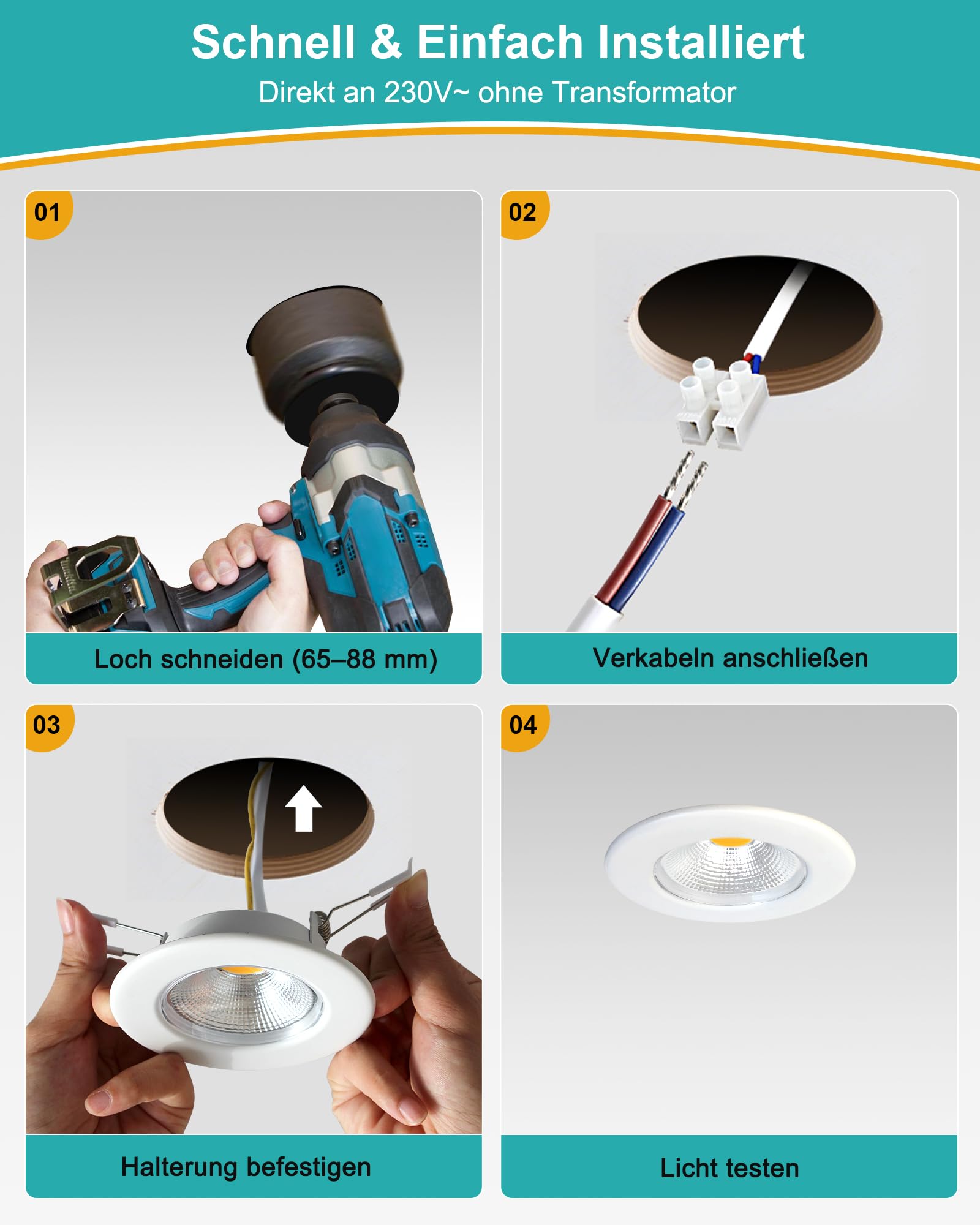 HiBay 8er Einbaustrahler LED COB Set 7W LED Spots 230V 65-85mm Lochmaß Rund Weiß Einbauspots 4000K Neutralweiß 600LM für Schlafzimmer Wohnzimmer Garderobe